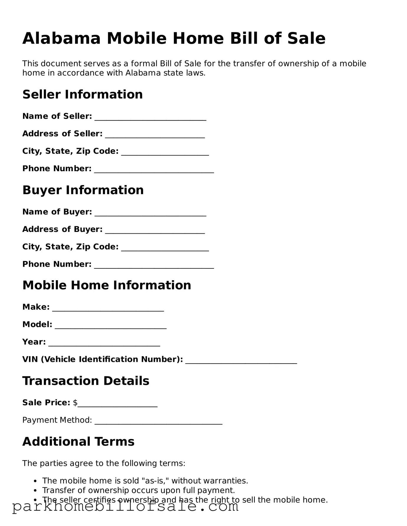 Attorney-Approved Alabama Mobile Home Bill of Sale Document