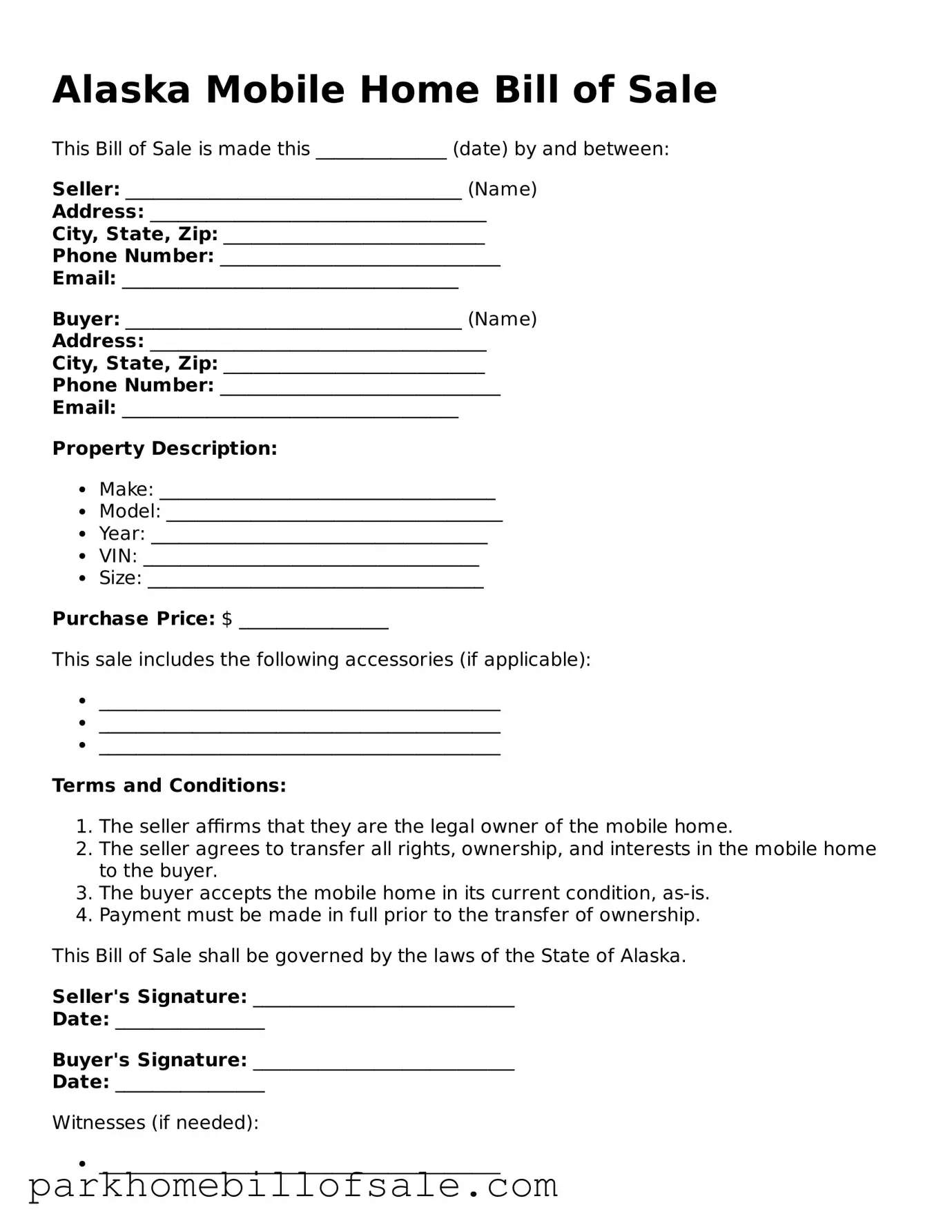 Attorney-Approved Alaska Mobile Home Bill of Sale Document