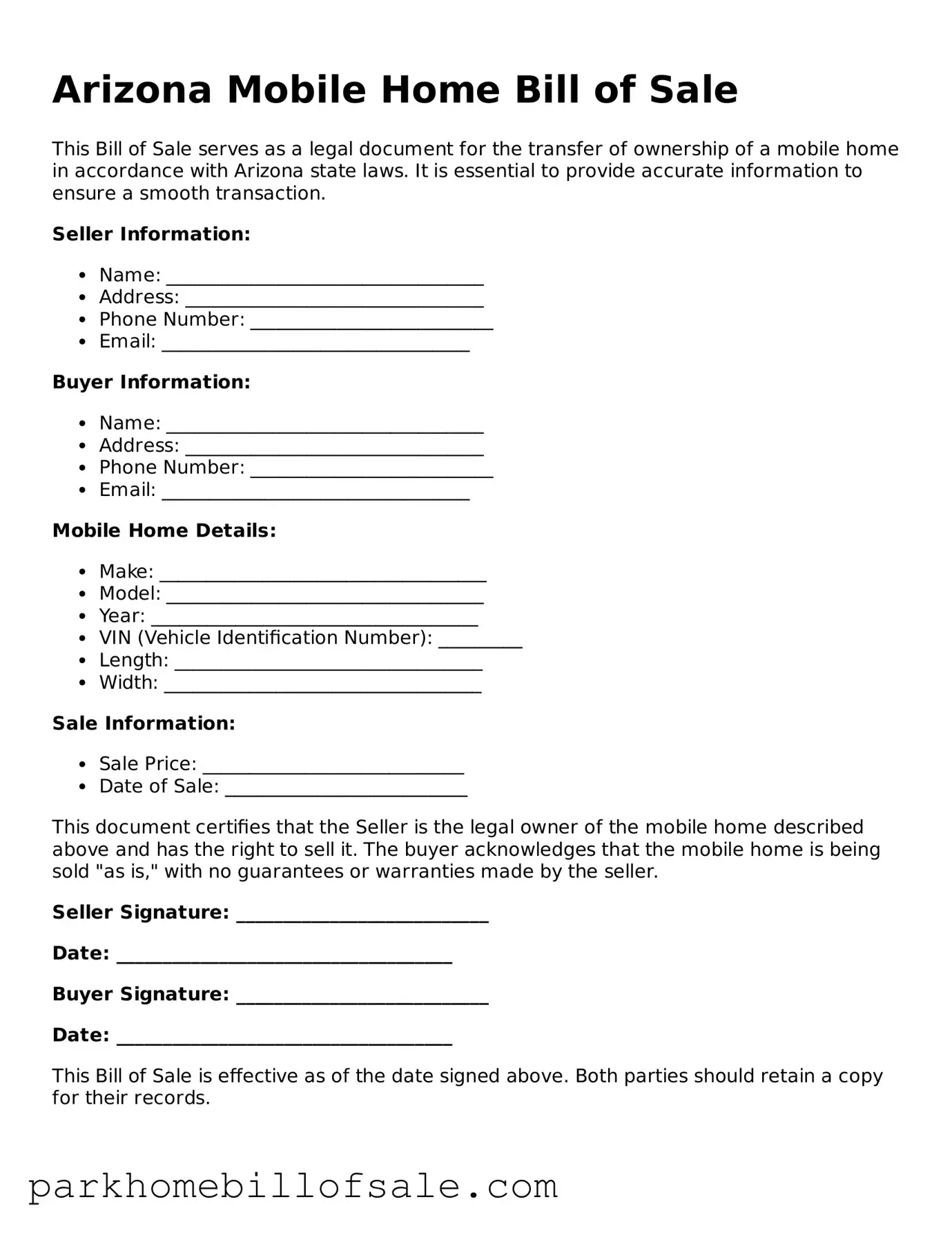 Attorney-Approved Arizona Mobile Home Bill of Sale Document