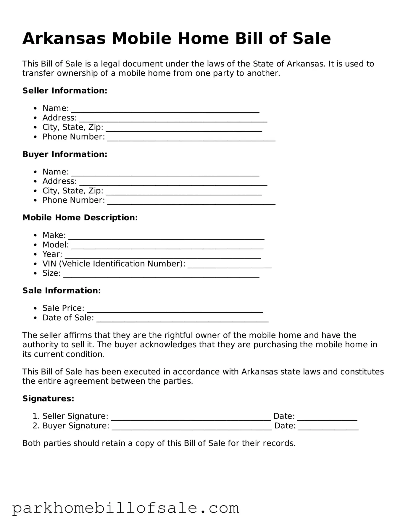 Attorney-Approved Arkansas Mobile Home Bill of Sale Document