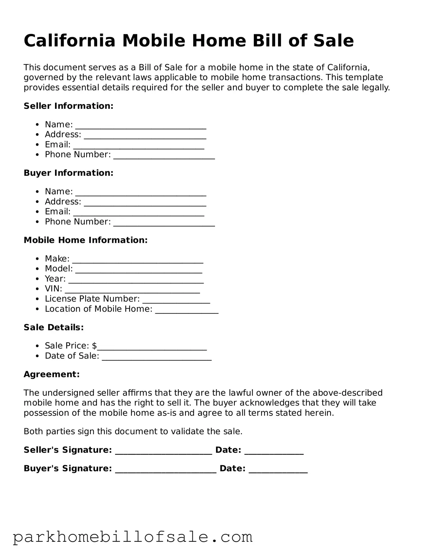 Attorney-Approved California Mobile Home Bill of Sale Document