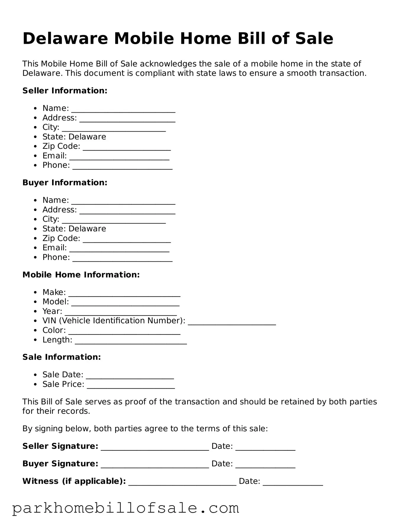 Attorney-Approved Delaware Mobile Home Bill of Sale Document