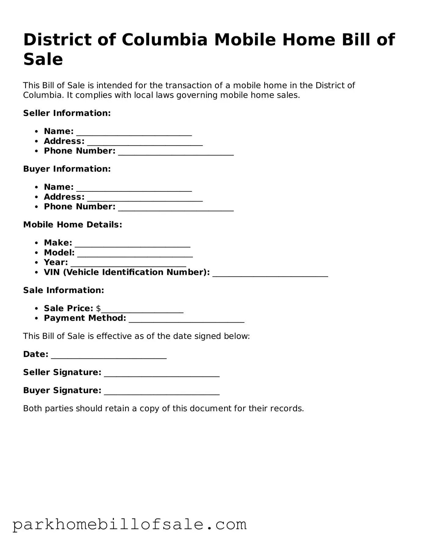 Attorney-Approved District of Columbia Mobile Home Bill of Sale Document