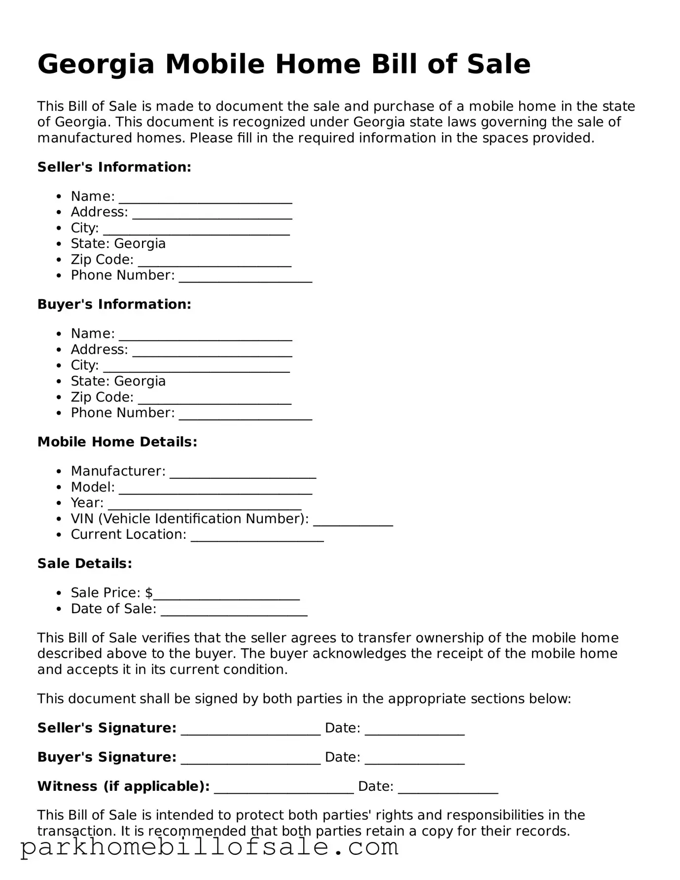 Attorney-Approved Georgia Mobile Home Bill of Sale Document
