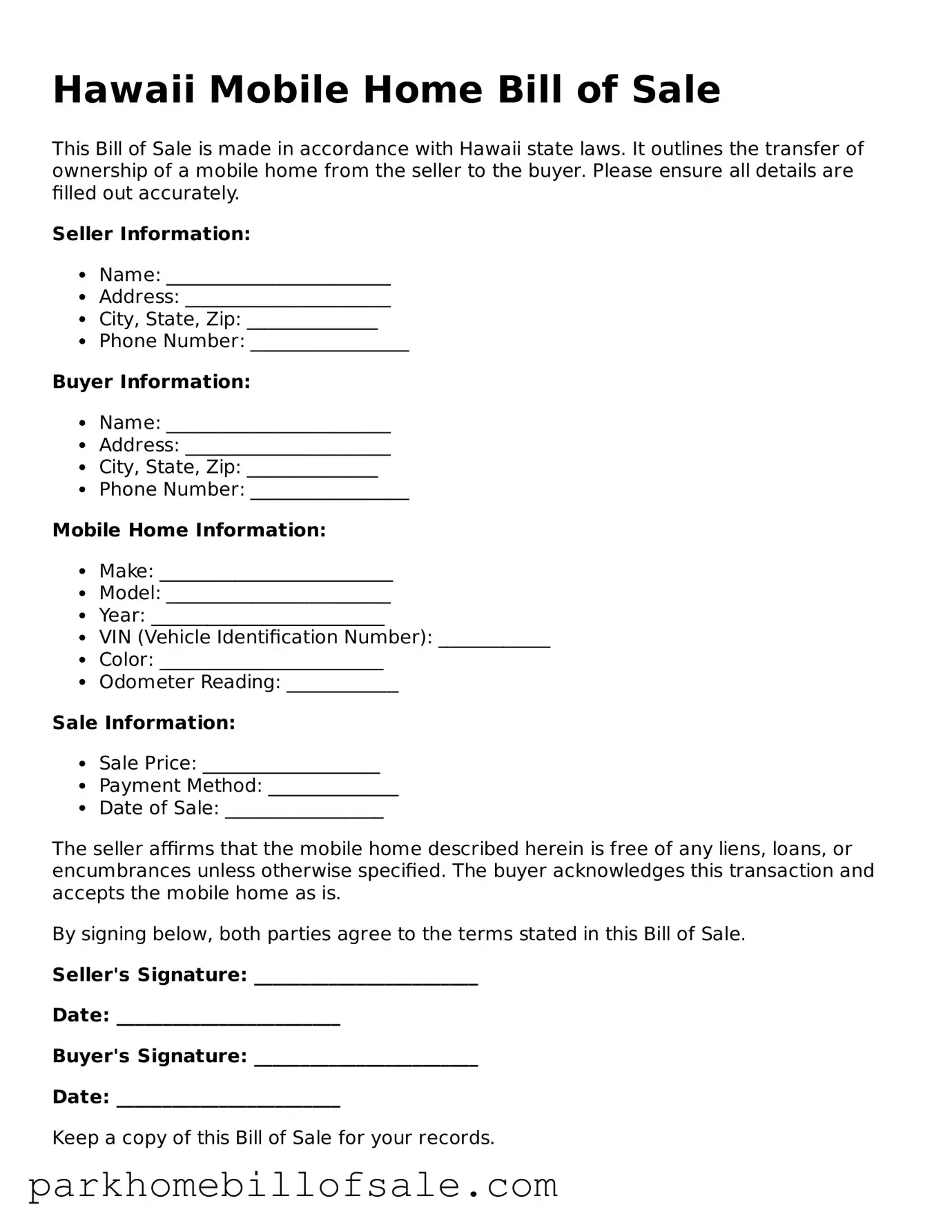 Attorney-Approved Hawaii Mobile Home Bill of Sale Document