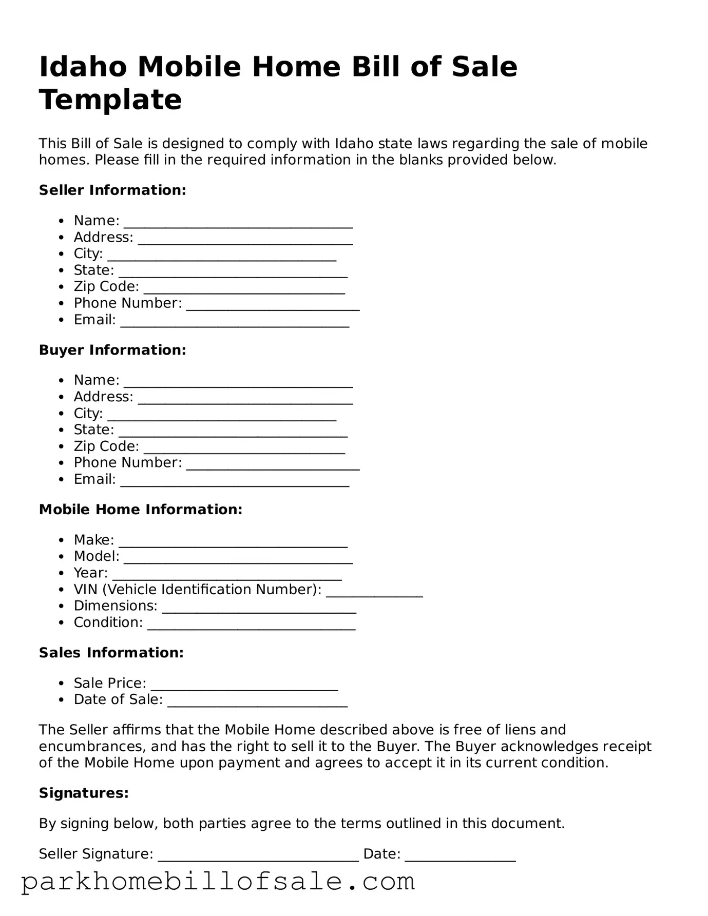 Attorney-Approved Idaho Mobile Home Bill of Sale Document