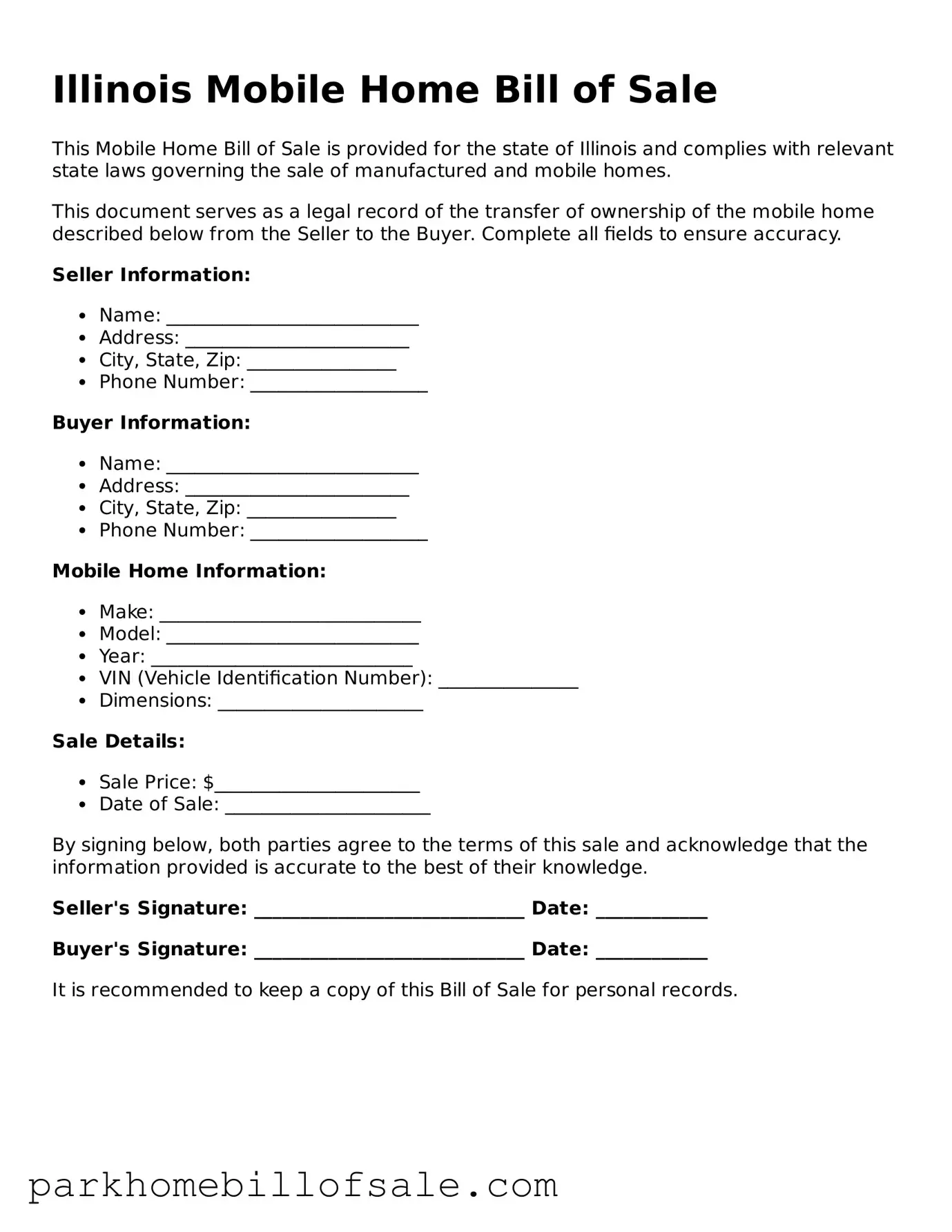 Attorney-Approved Illinois Mobile Home Bill of Sale Document