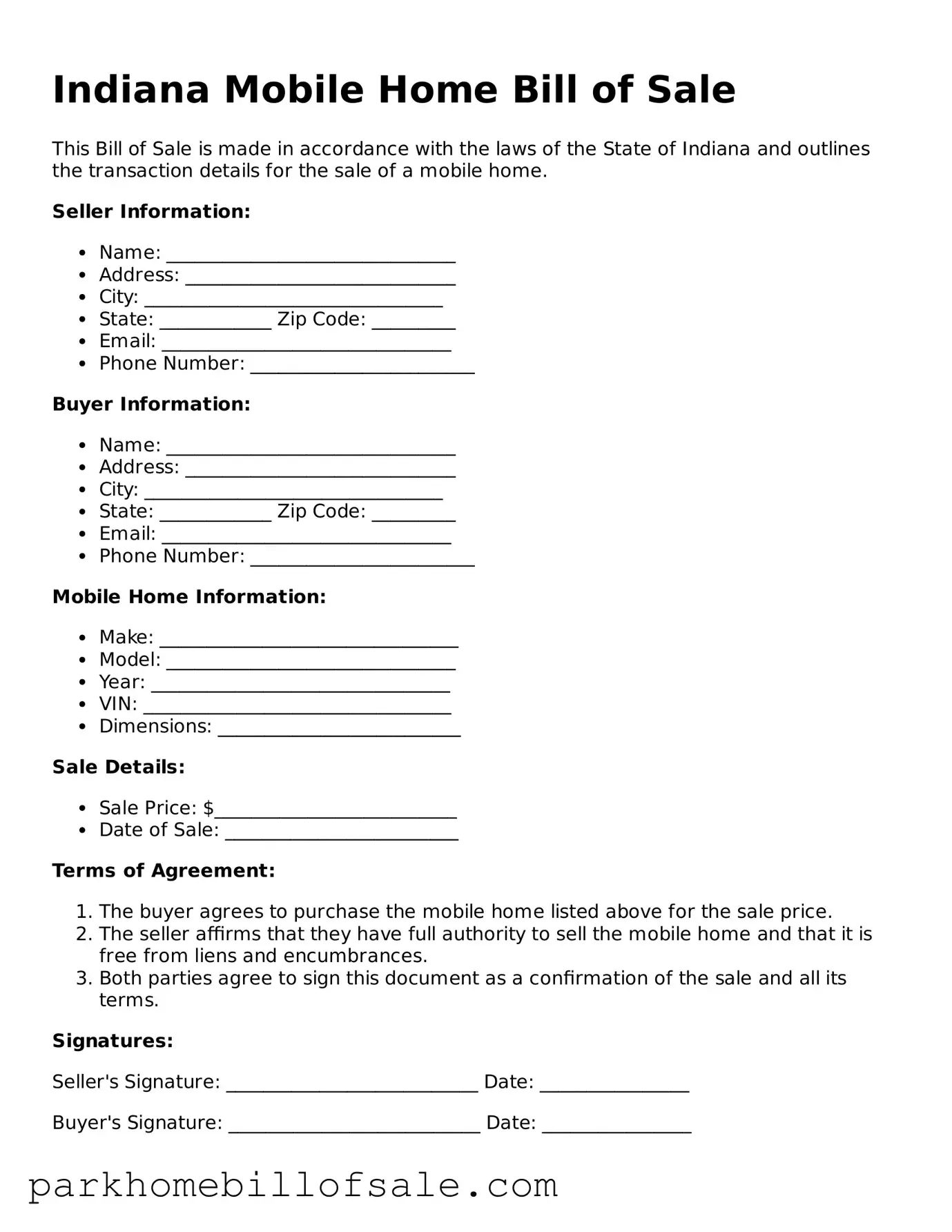 Attorney-Approved Indiana Mobile Home Bill of Sale Document
