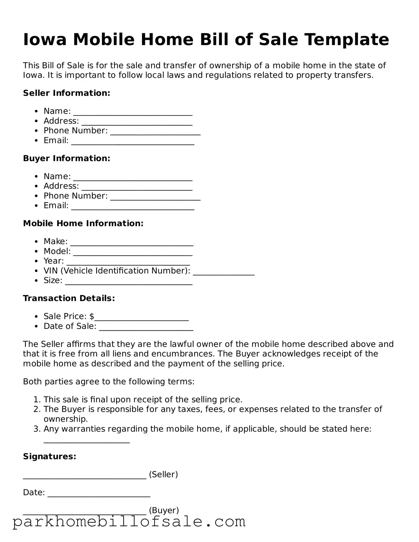 Attorney-Approved Iowa Mobile Home Bill of Sale Document
