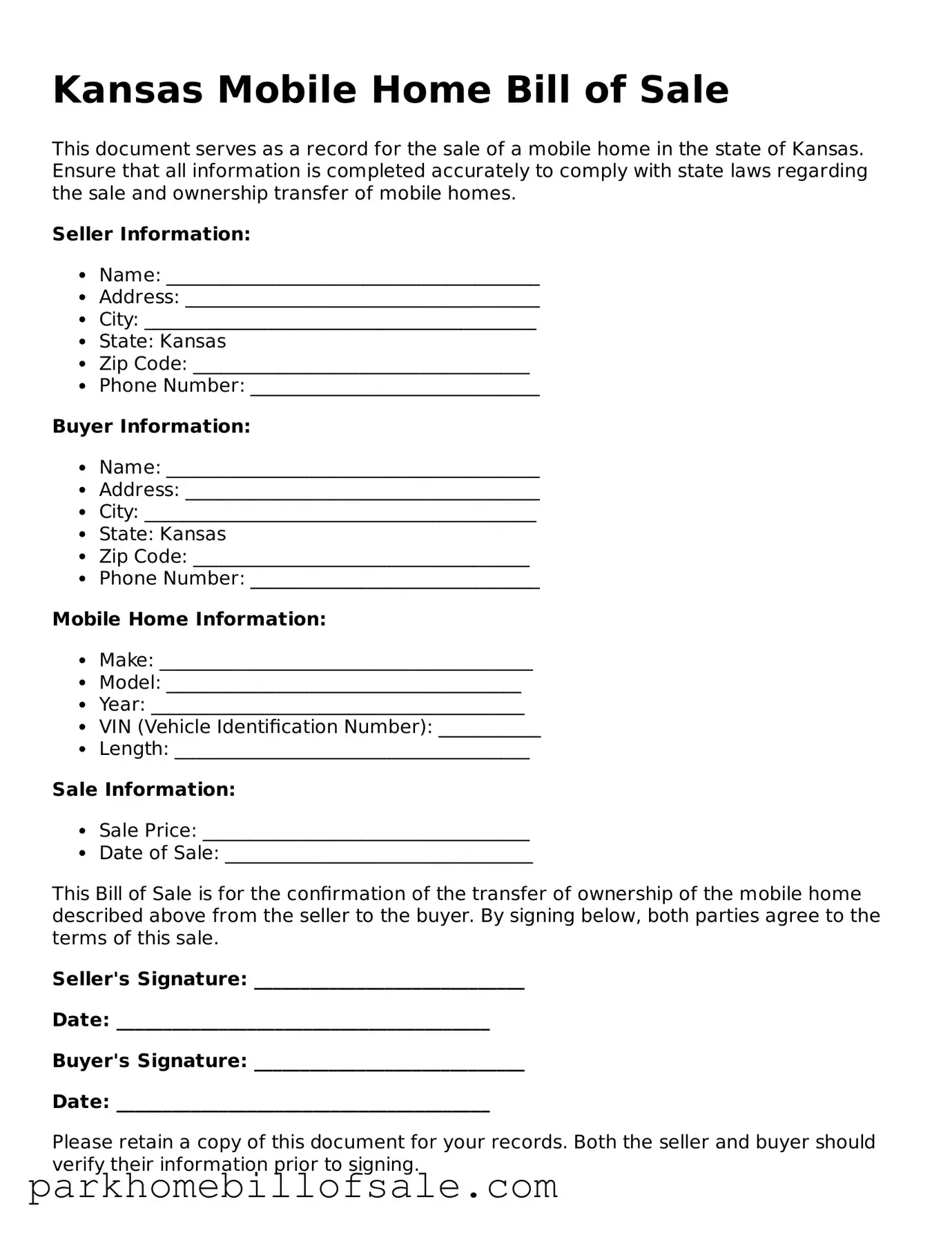 Attorney-Approved Kansas Mobile Home Bill of Sale Document