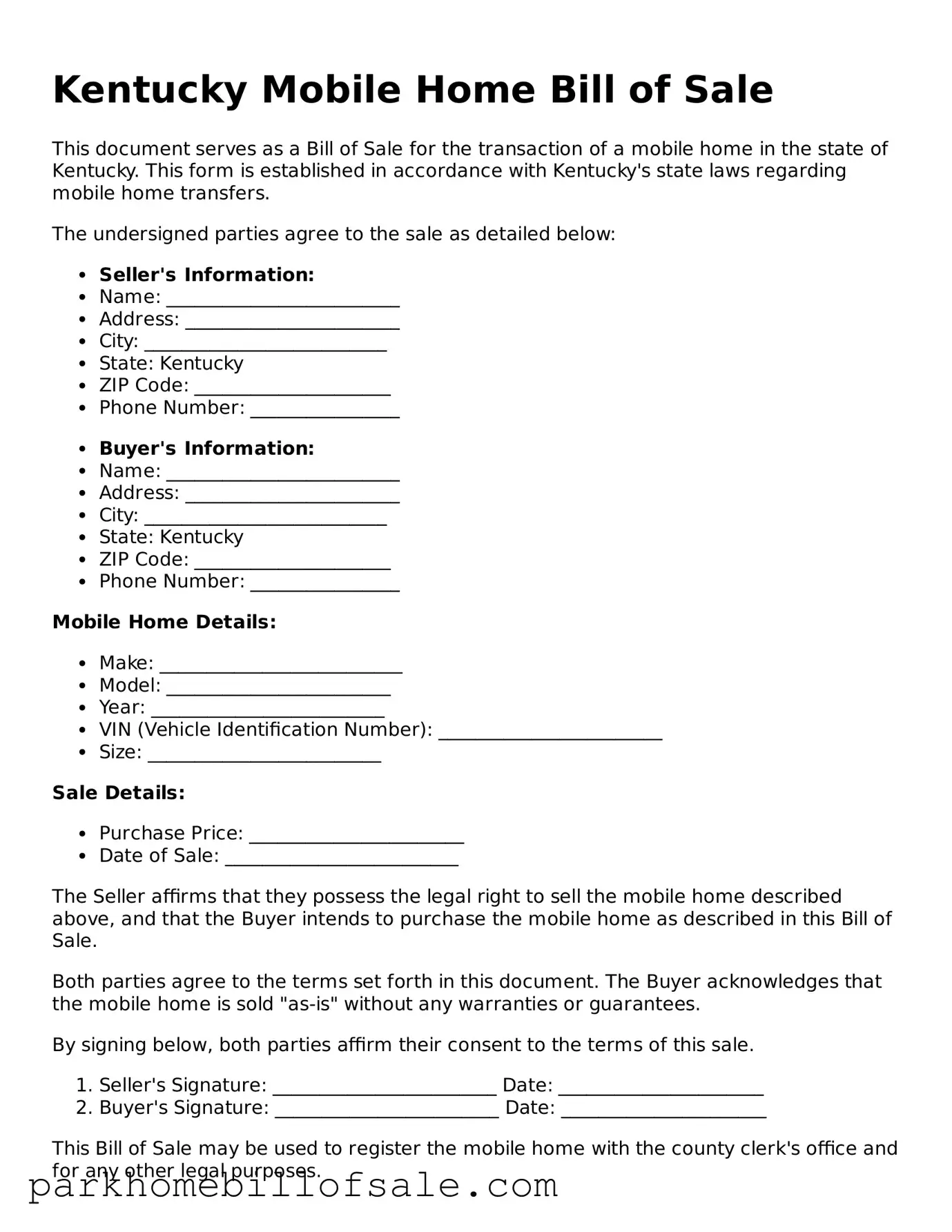 Attorney-Approved Kentucky Mobile Home Bill of Sale Document