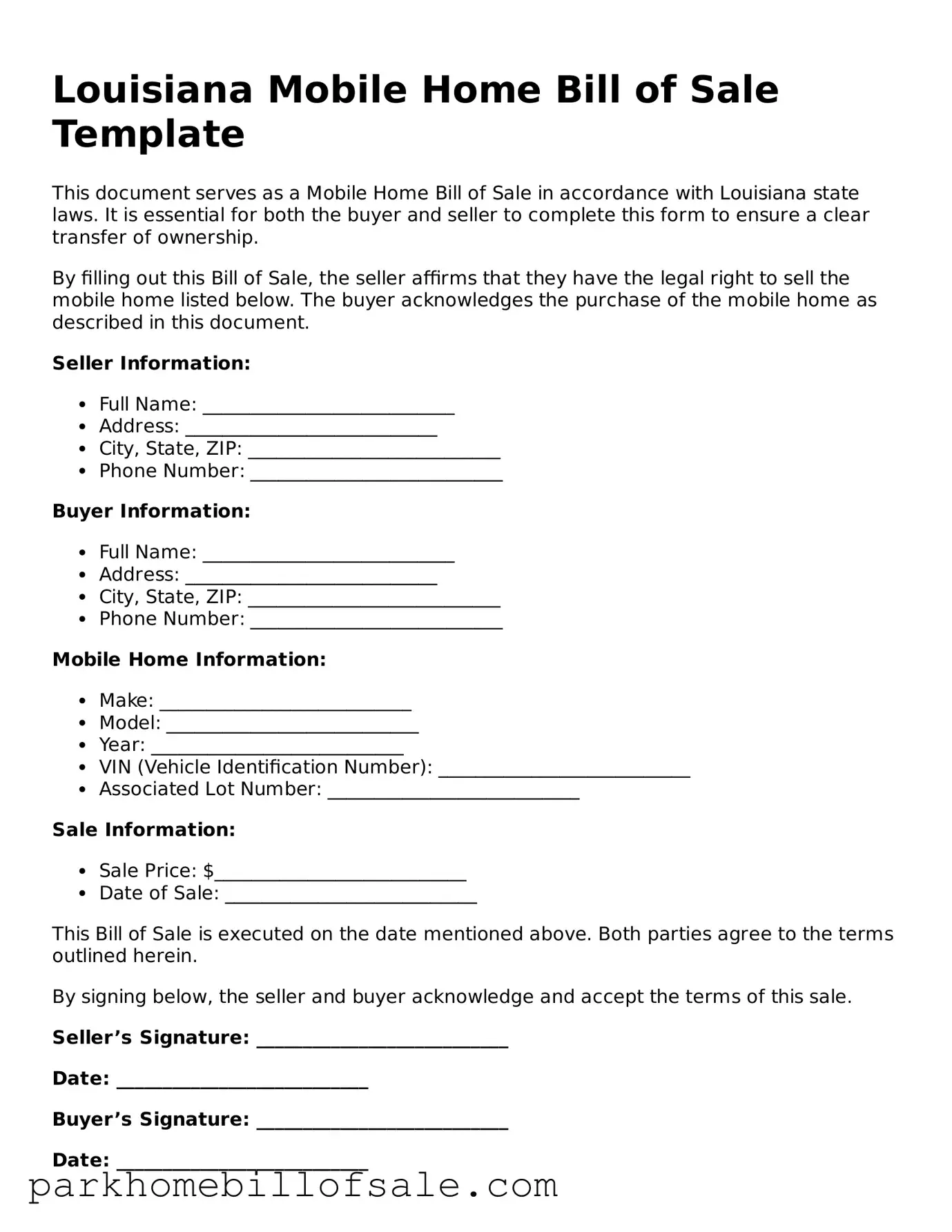 Attorney-Approved Louisiana Mobile Home Bill of Sale Document