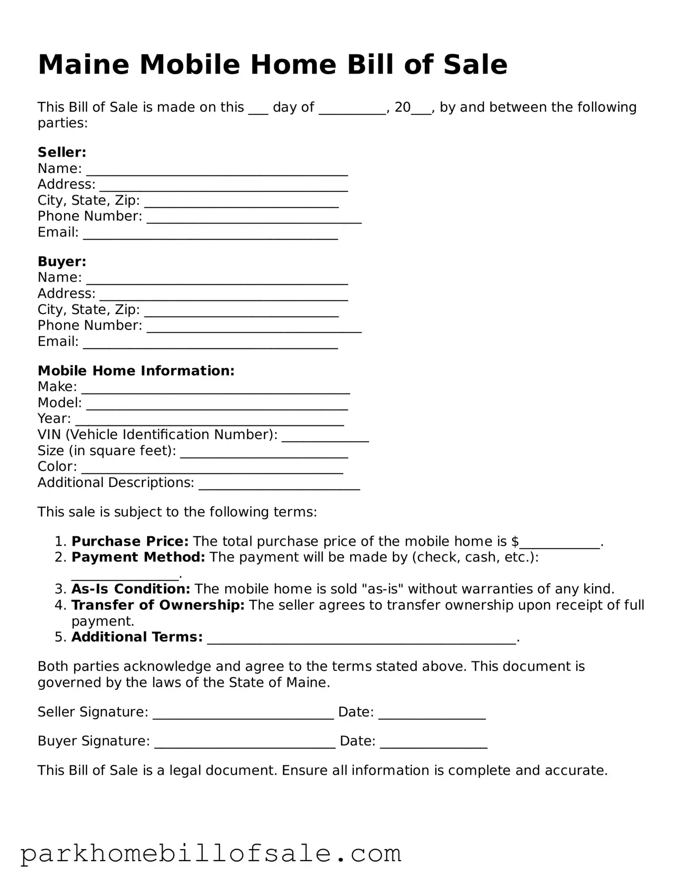 Attorney-Approved Maine Mobile Home Bill of Sale Document