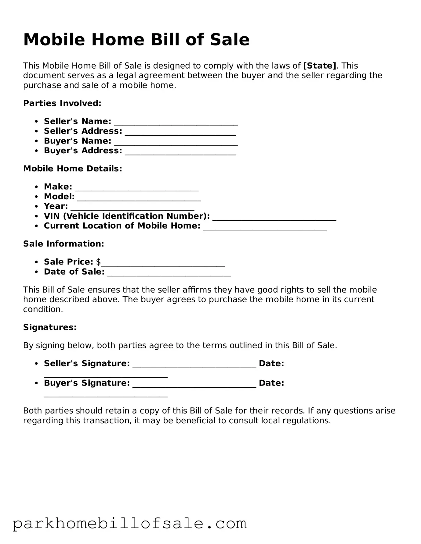 Blank Mobile Home Bill of Sale Document