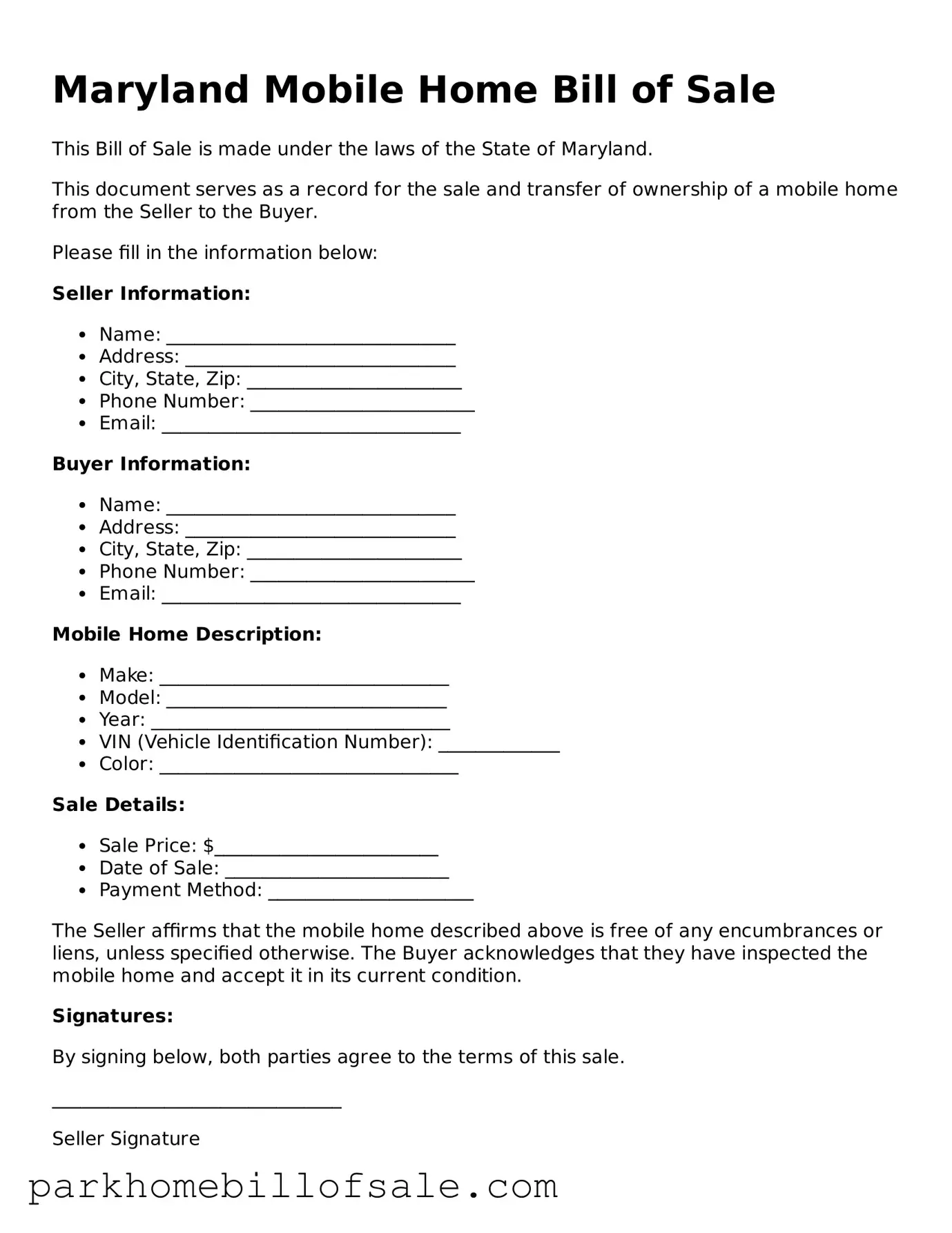 Attorney-Approved Maryland Mobile Home Bill of Sale Document