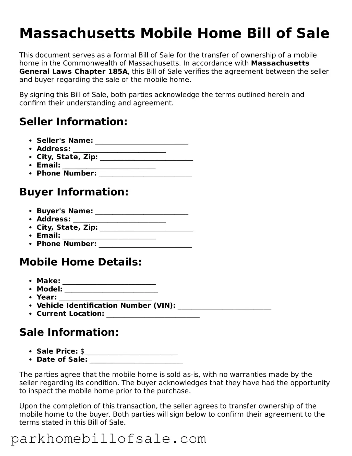 Attorney-Approved Massachusetts Mobile Home Bill of Sale Document