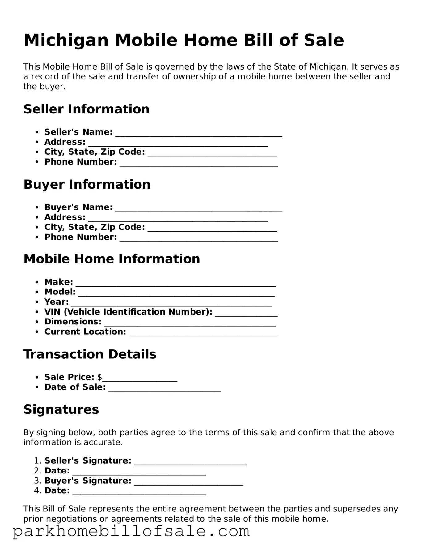 Attorney-Approved Michigan Mobile Home Bill of Sale Document