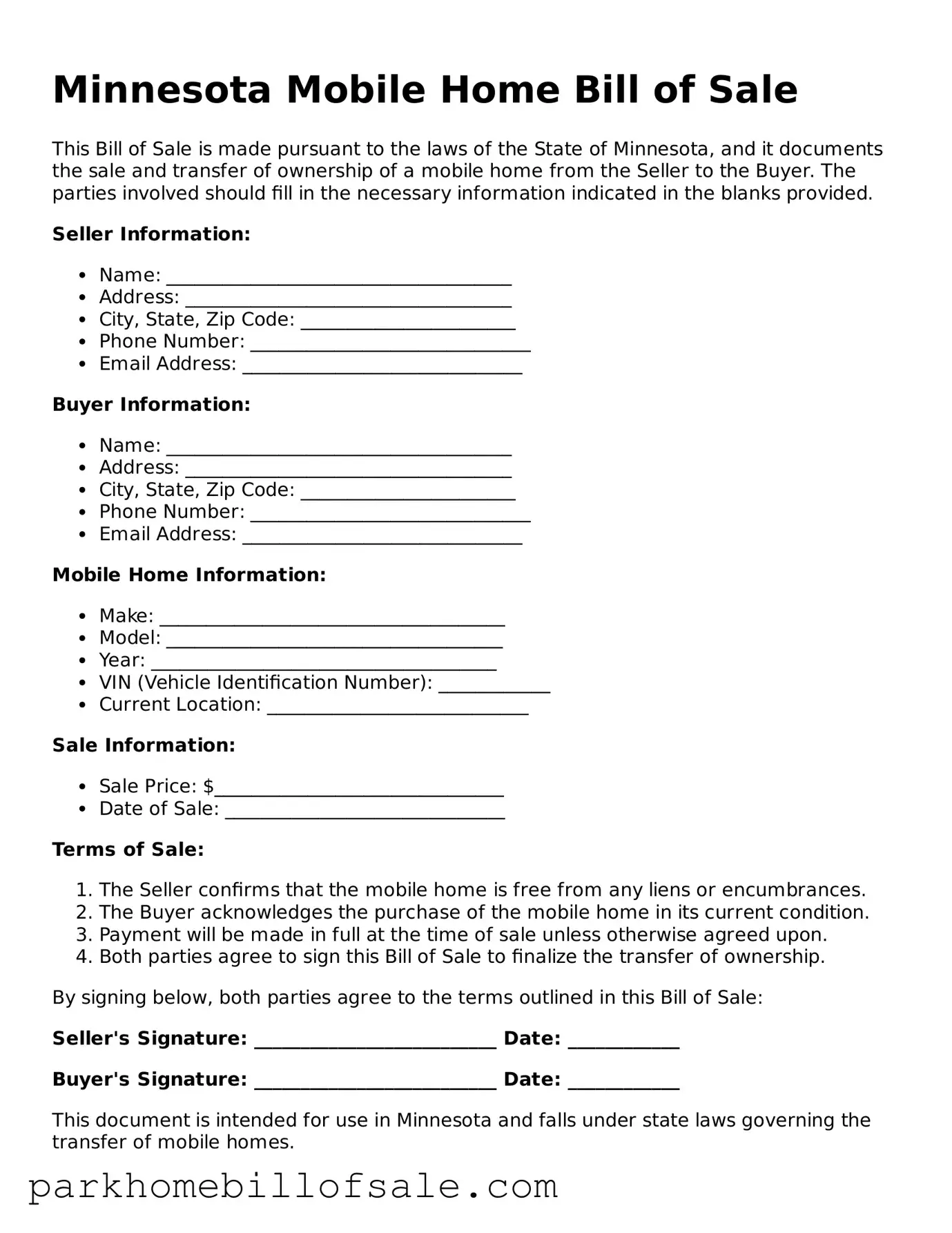 Attorney-Approved Minnesota Mobile Home Bill of Sale Document