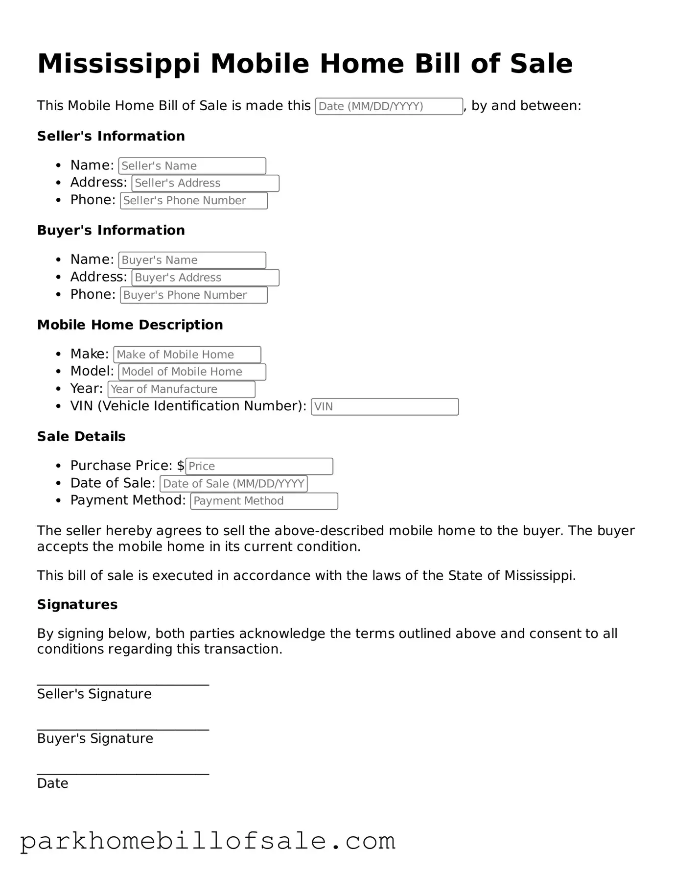 Attorney-Approved Mississippi Mobile Home Bill of Sale Document