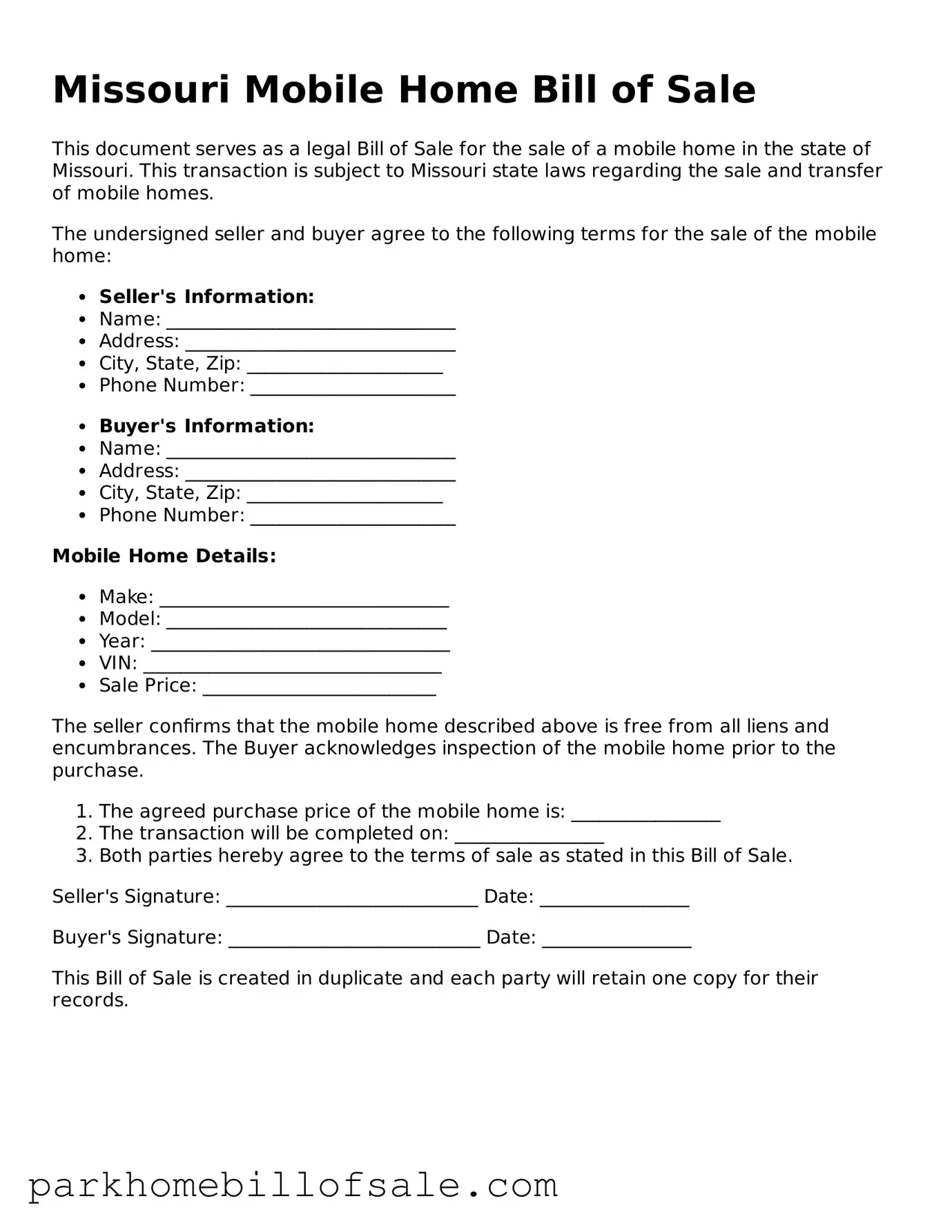 Attorney-Approved Missouri Mobile Home Bill of Sale Document