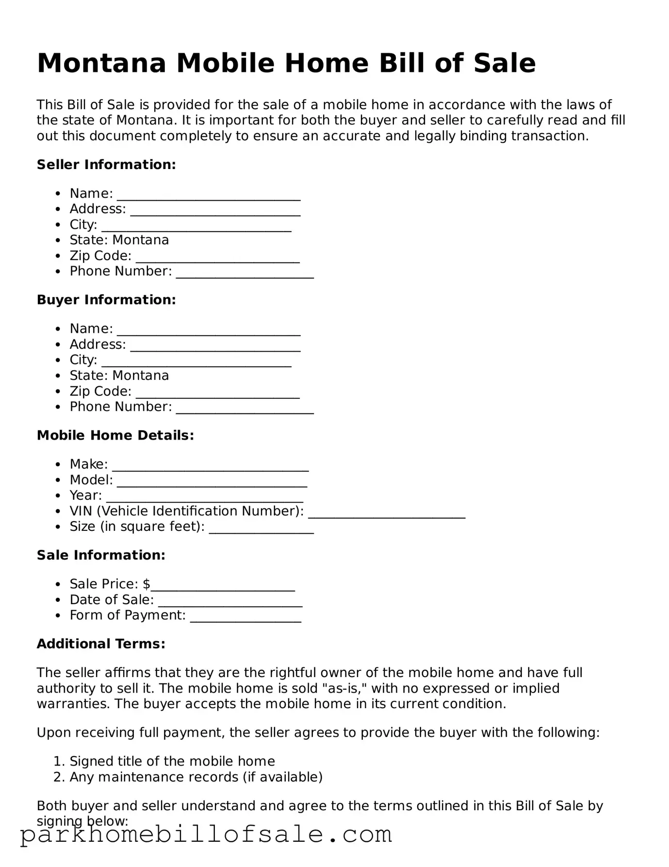 Attorney-Approved Montana Mobile Home Bill of Sale Document