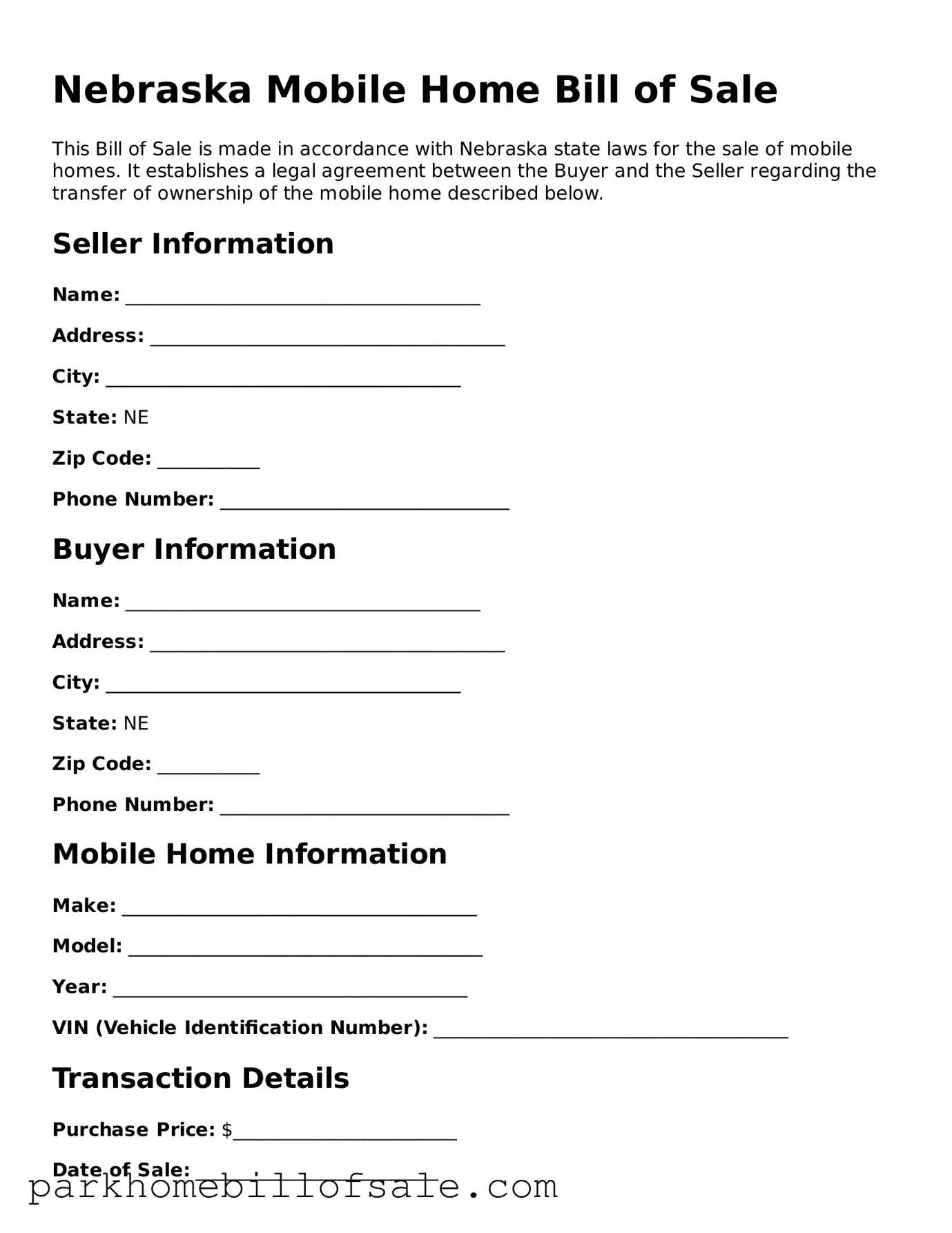 Attorney-Approved Nebraska Mobile Home Bill of Sale Document