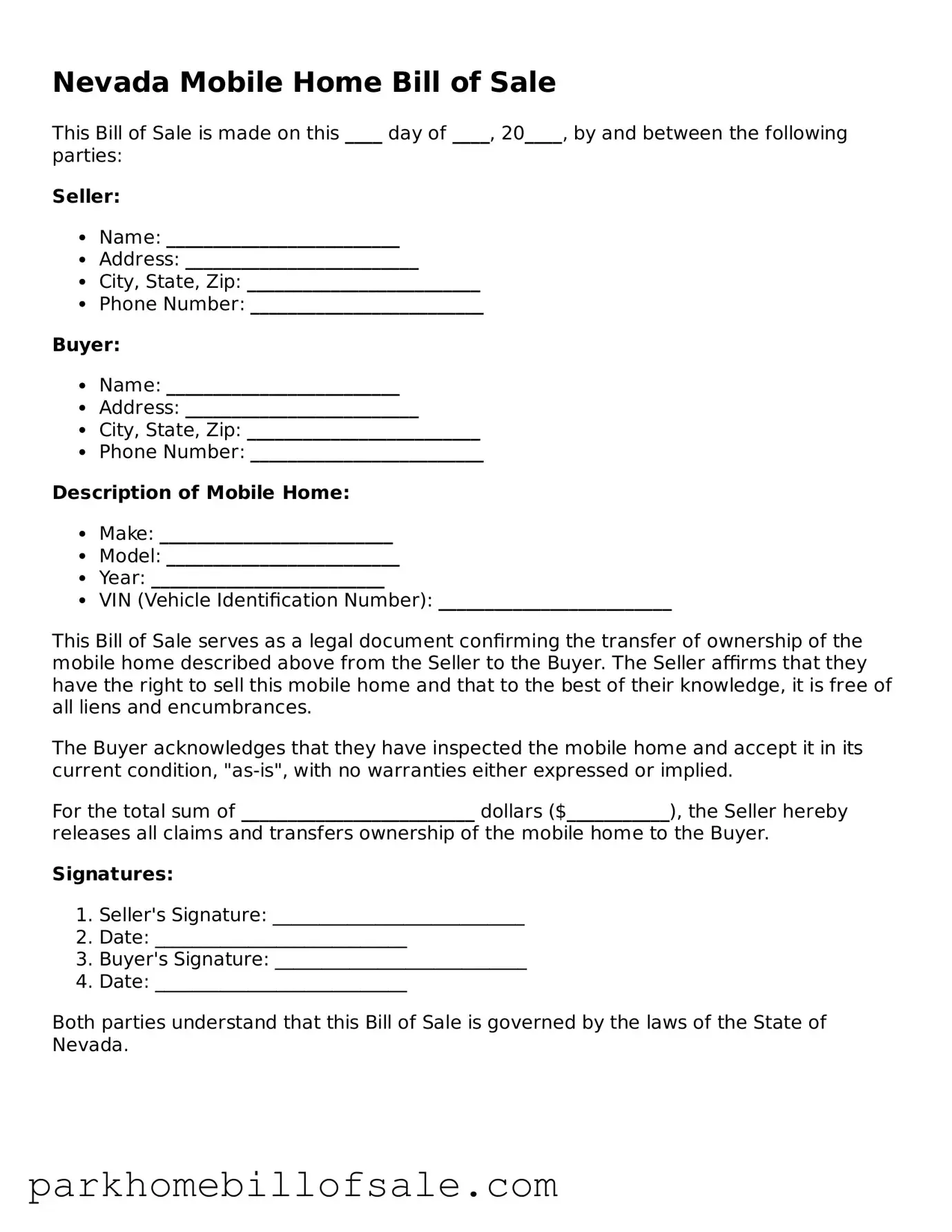 Attorney-Approved Nevada Mobile Home Bill of Sale Document