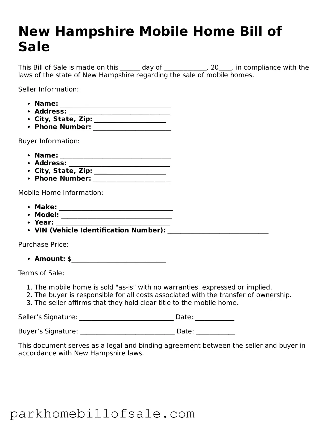Attorney-Approved New Hampshire Mobile Home Bill of Sale Document