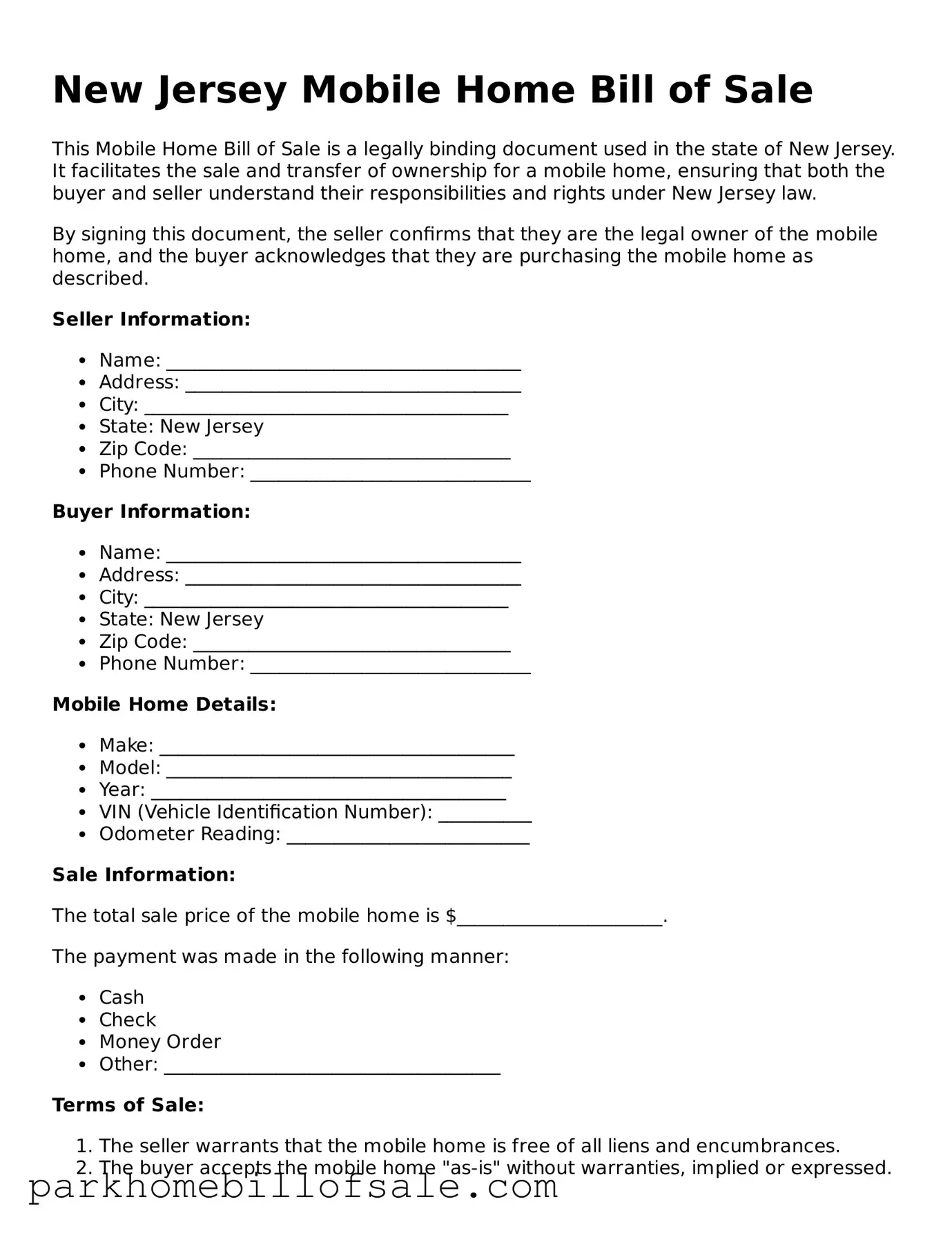 Attorney-Approved New Jersey Mobile Home Bill of Sale Document