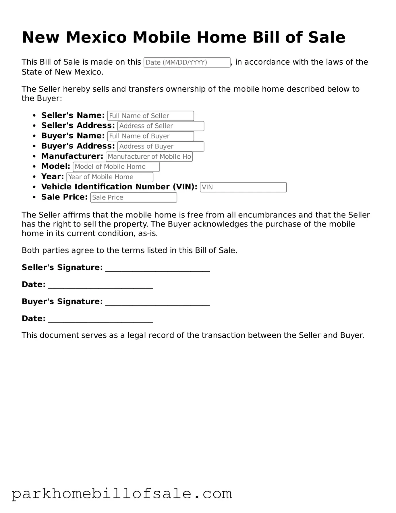Attorney-Approved New Mexico Mobile Home Bill of Sale Document