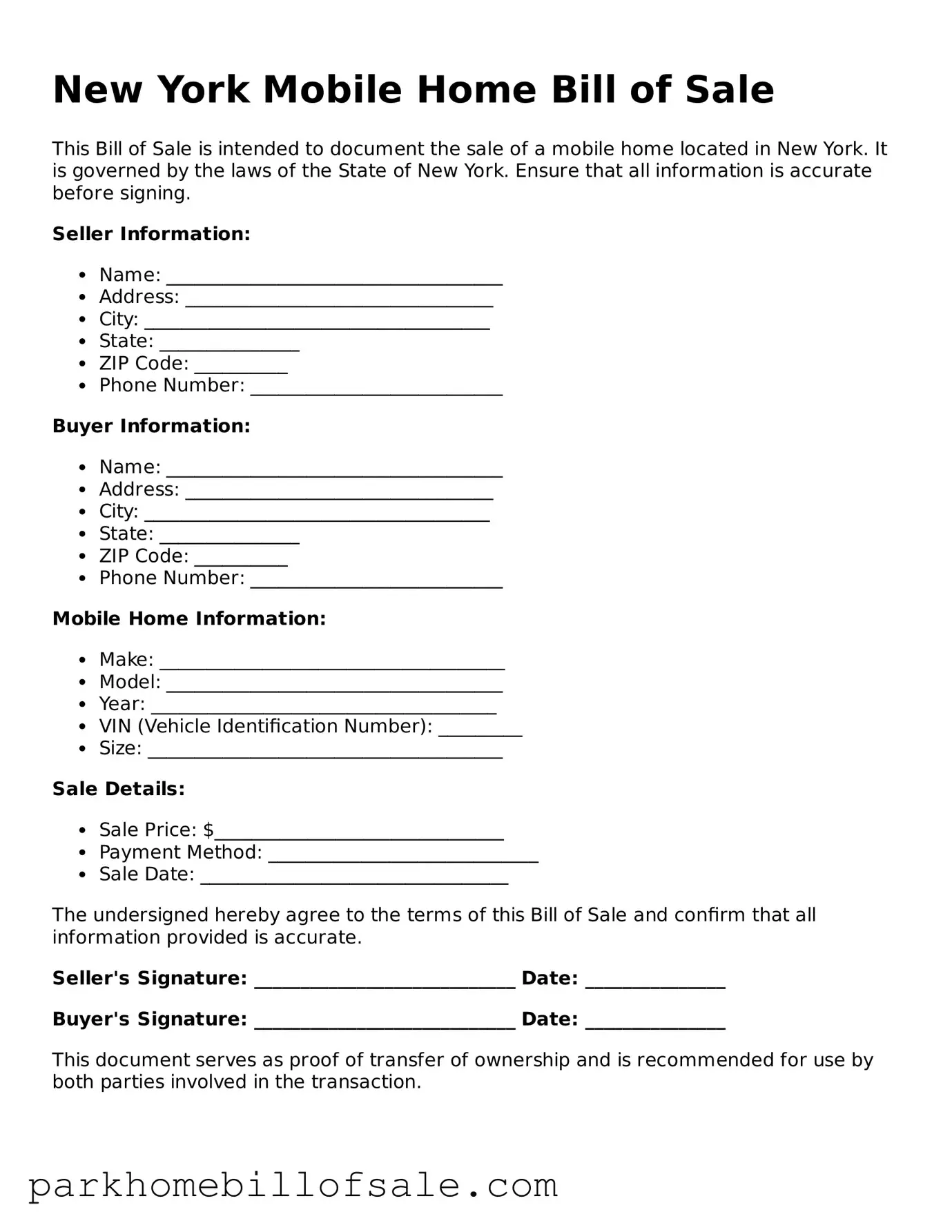 Attorney-Approved New York Mobile Home Bill of Sale Document