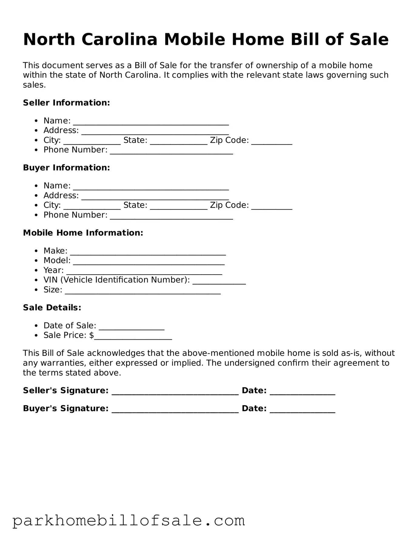 Attorney-Approved North Carolina Mobile Home Bill of Sale Document