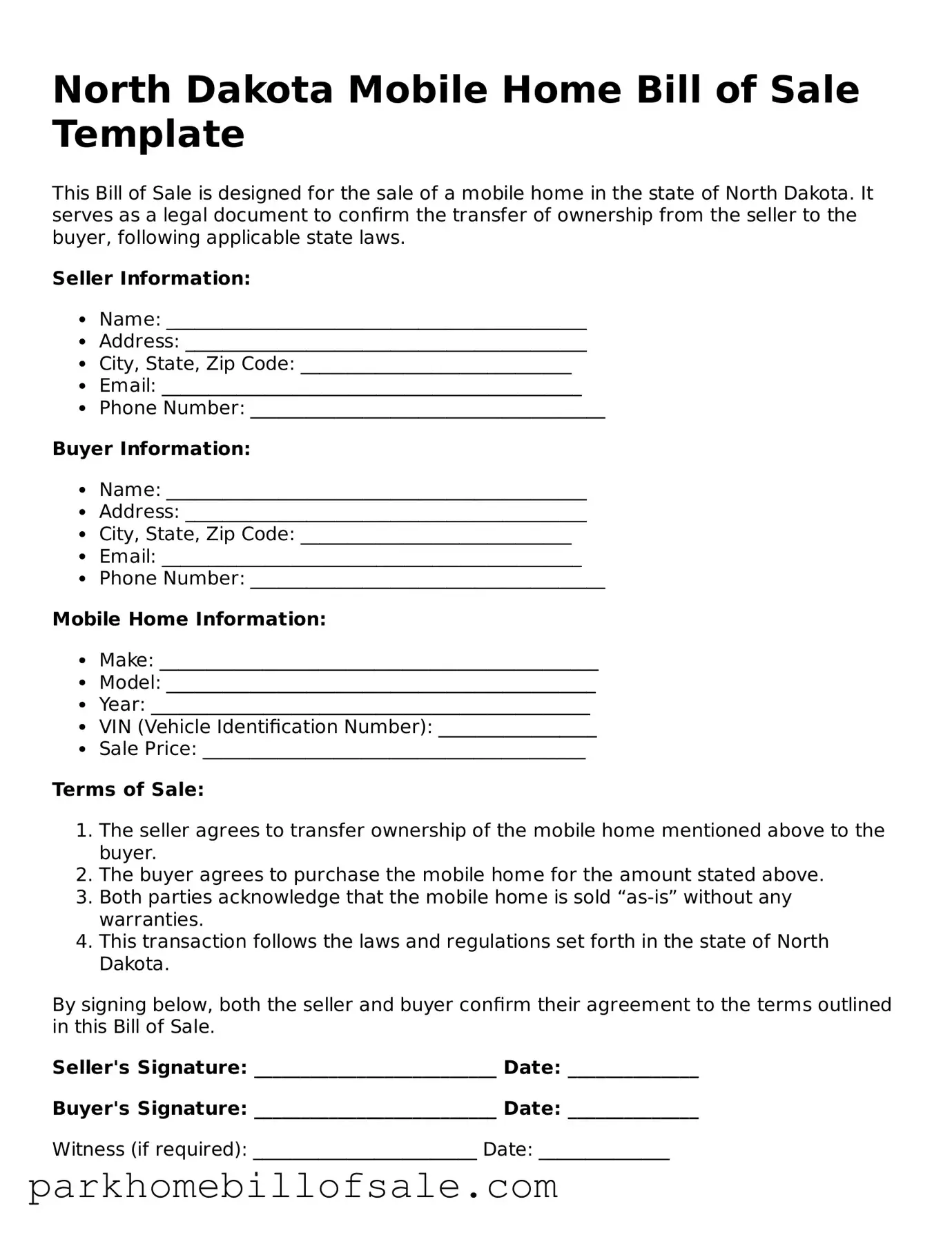 Attorney-Approved North Dakota Mobile Home Bill of Sale Document
