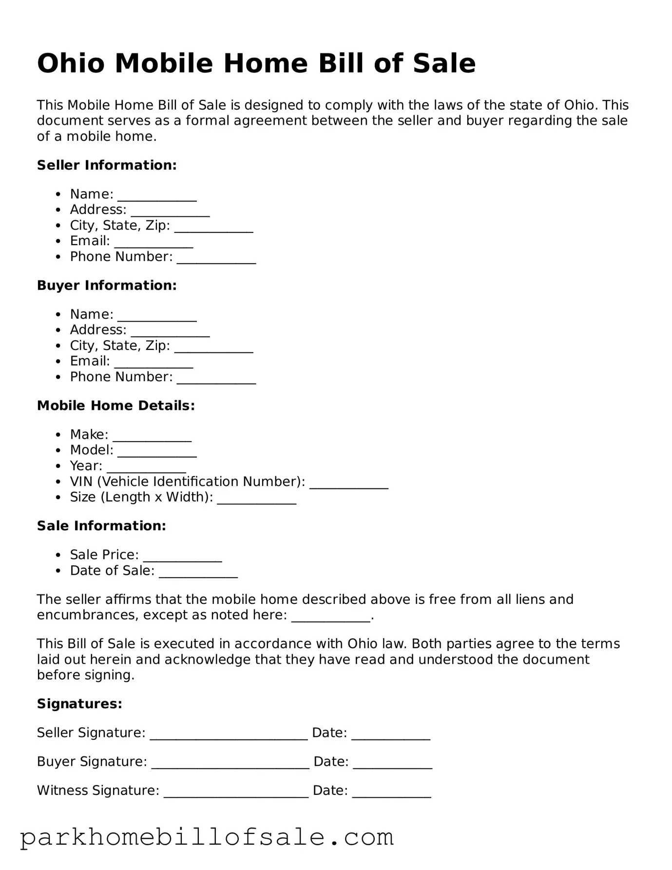 Attorney-Approved Ohio Mobile Home Bill of Sale Document