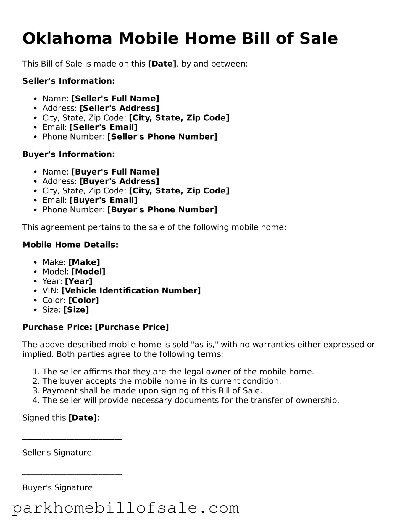 Attorney-Approved Oklahoma Mobile Home Bill of Sale Document