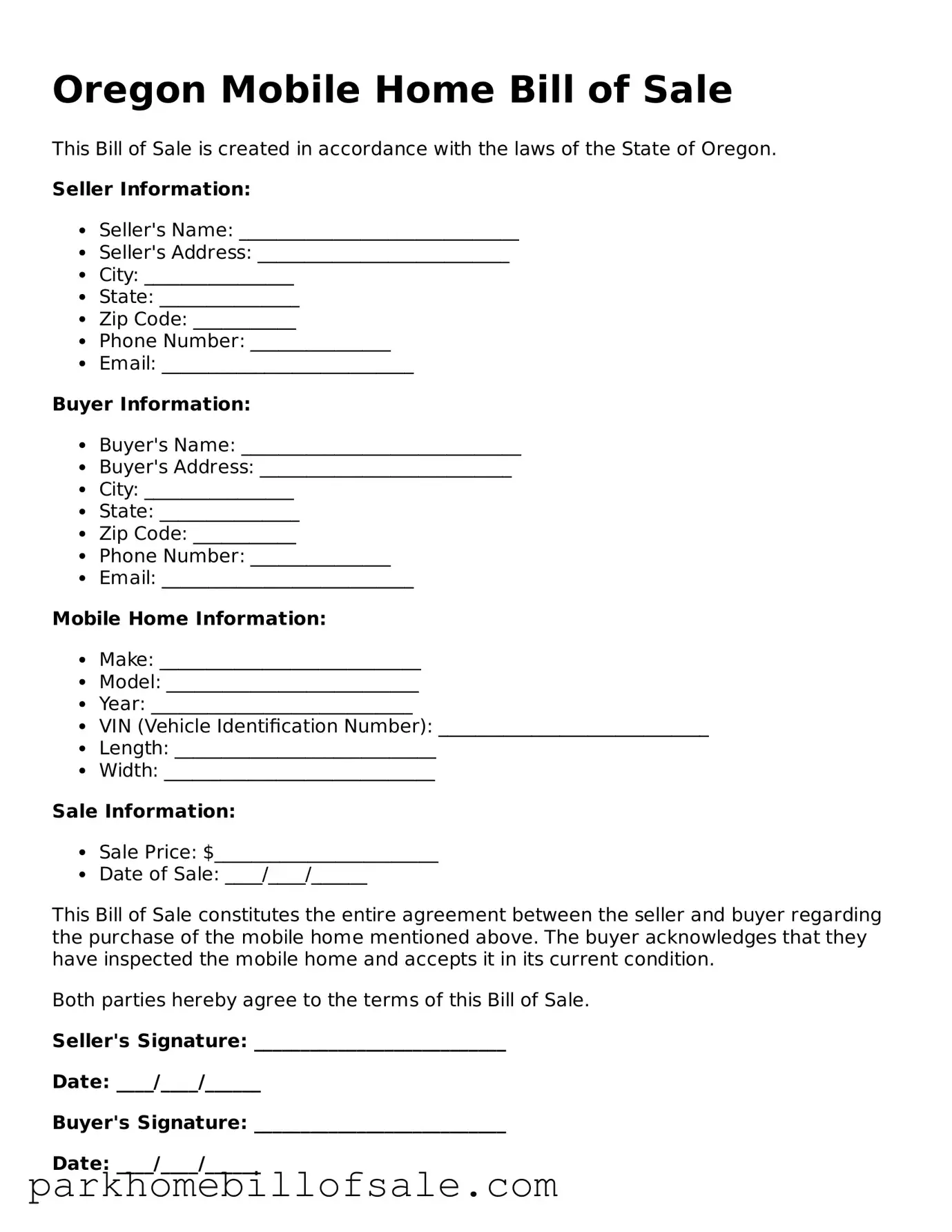 Attorney-Approved Oregon Mobile Home Bill of Sale Document