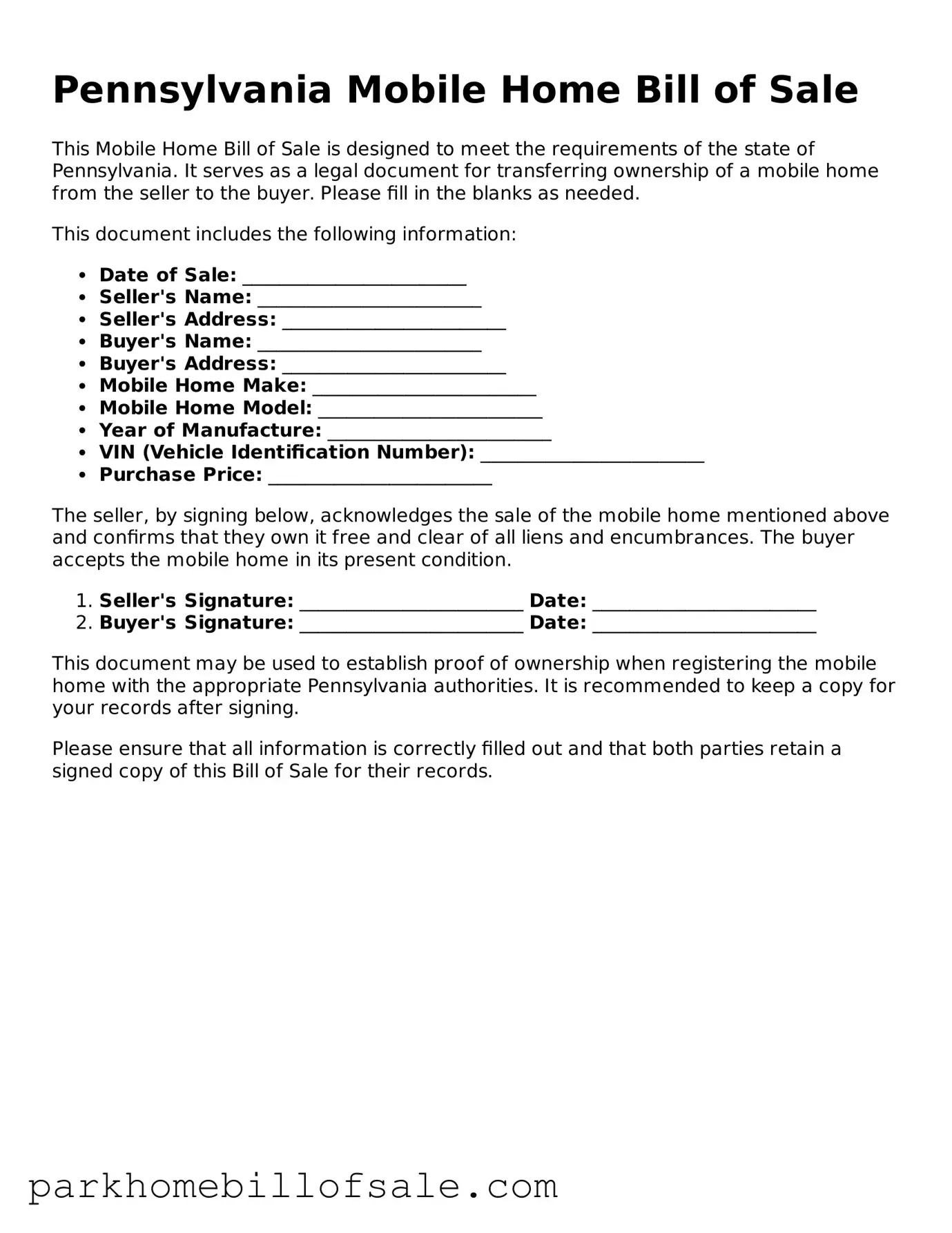 Attorney-Approved Pennsylvania Mobile Home Bill of Sale Document