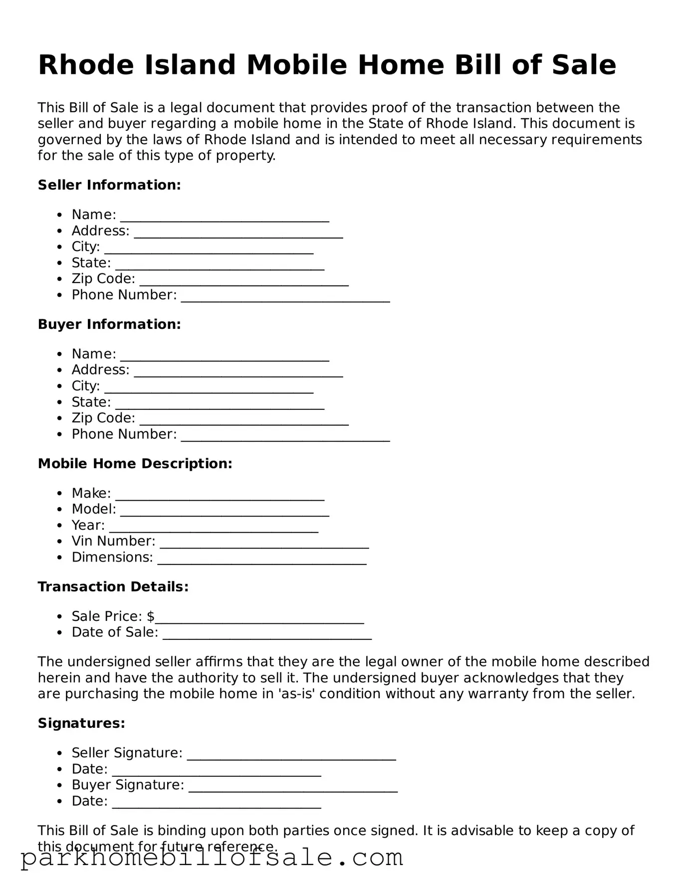 Attorney-Approved Rhode Island Mobile Home Bill of Sale Document
