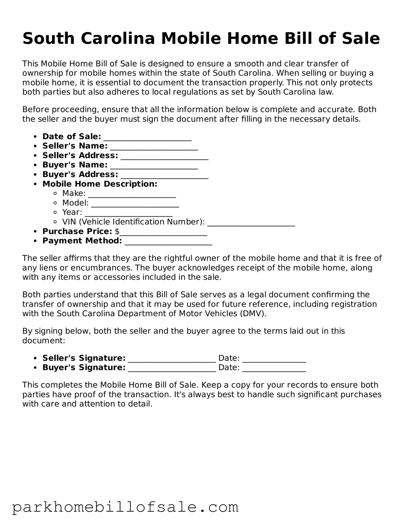 Attorney-Approved South Carolina Mobile Home Bill of Sale Document