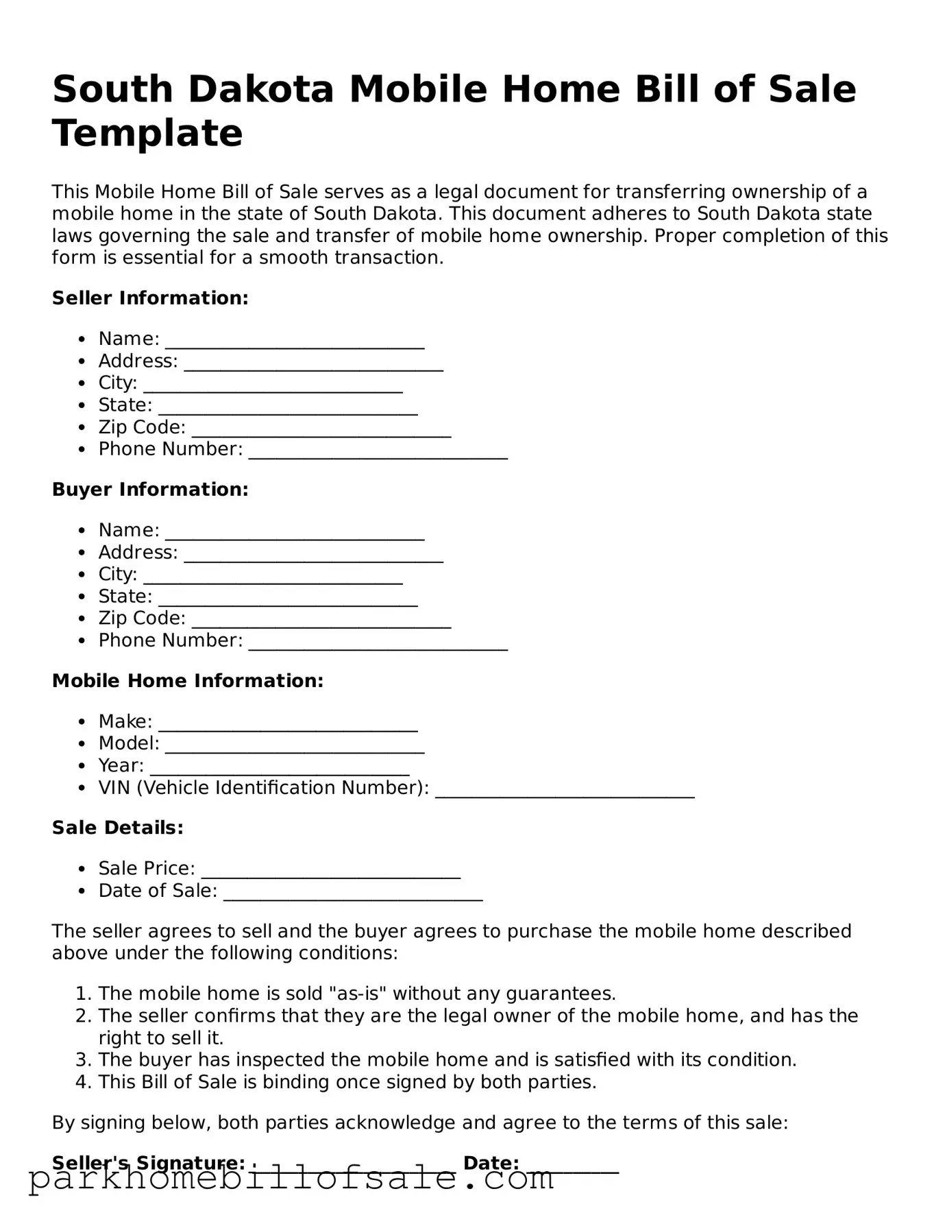 Attorney-Approved South Dakota Mobile Home Bill of Sale Document