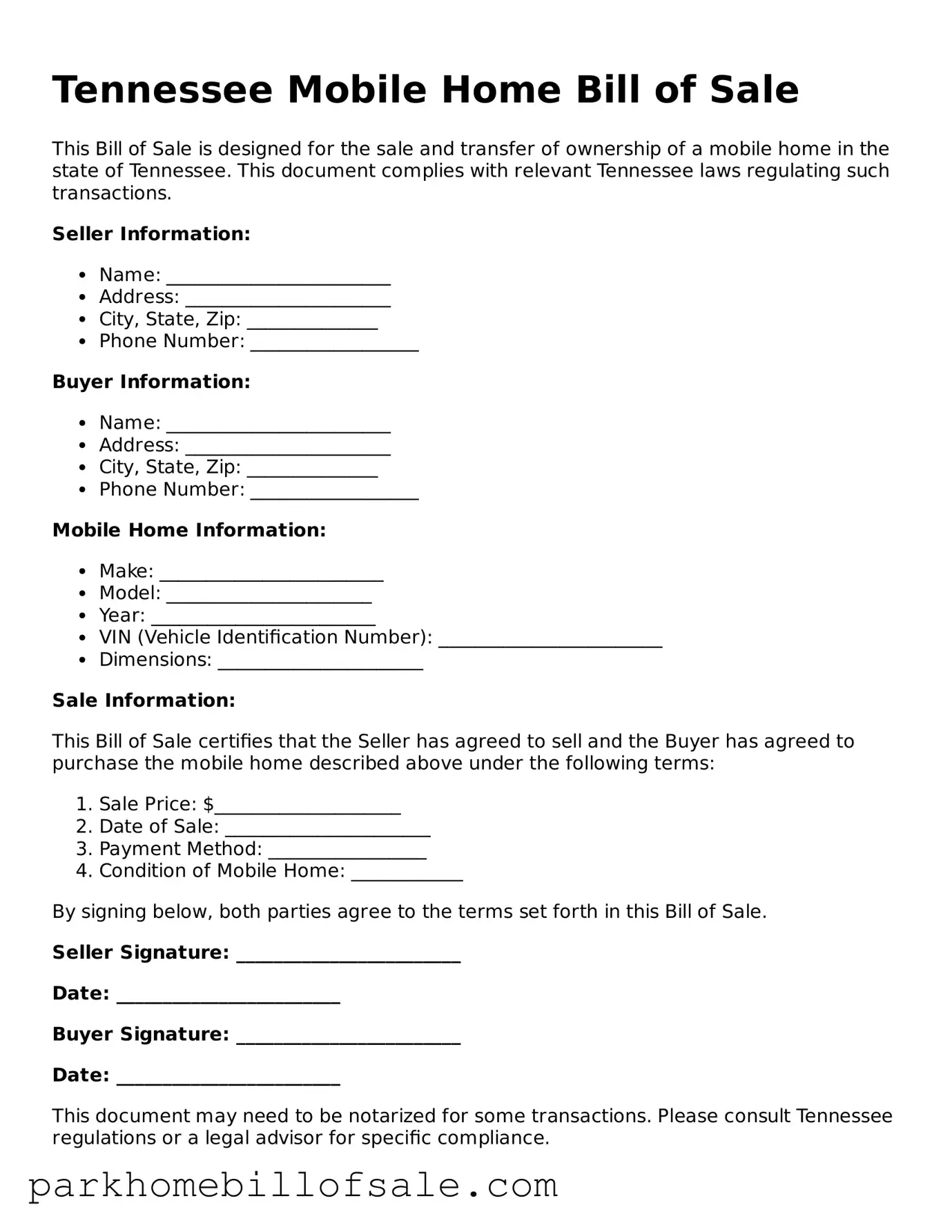 Attorney-Approved Tennessee Mobile Home Bill of Sale Document