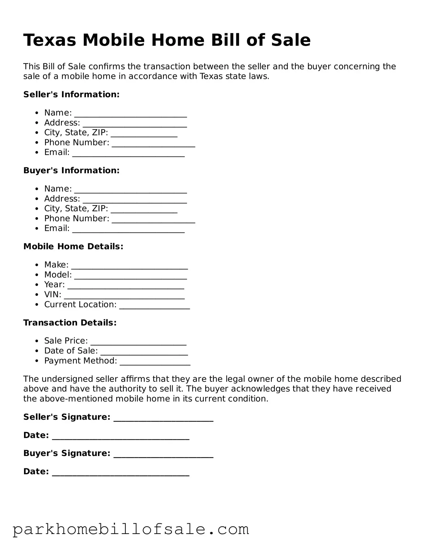 Attorney-Approved Texas Mobile Home Bill of Sale Document