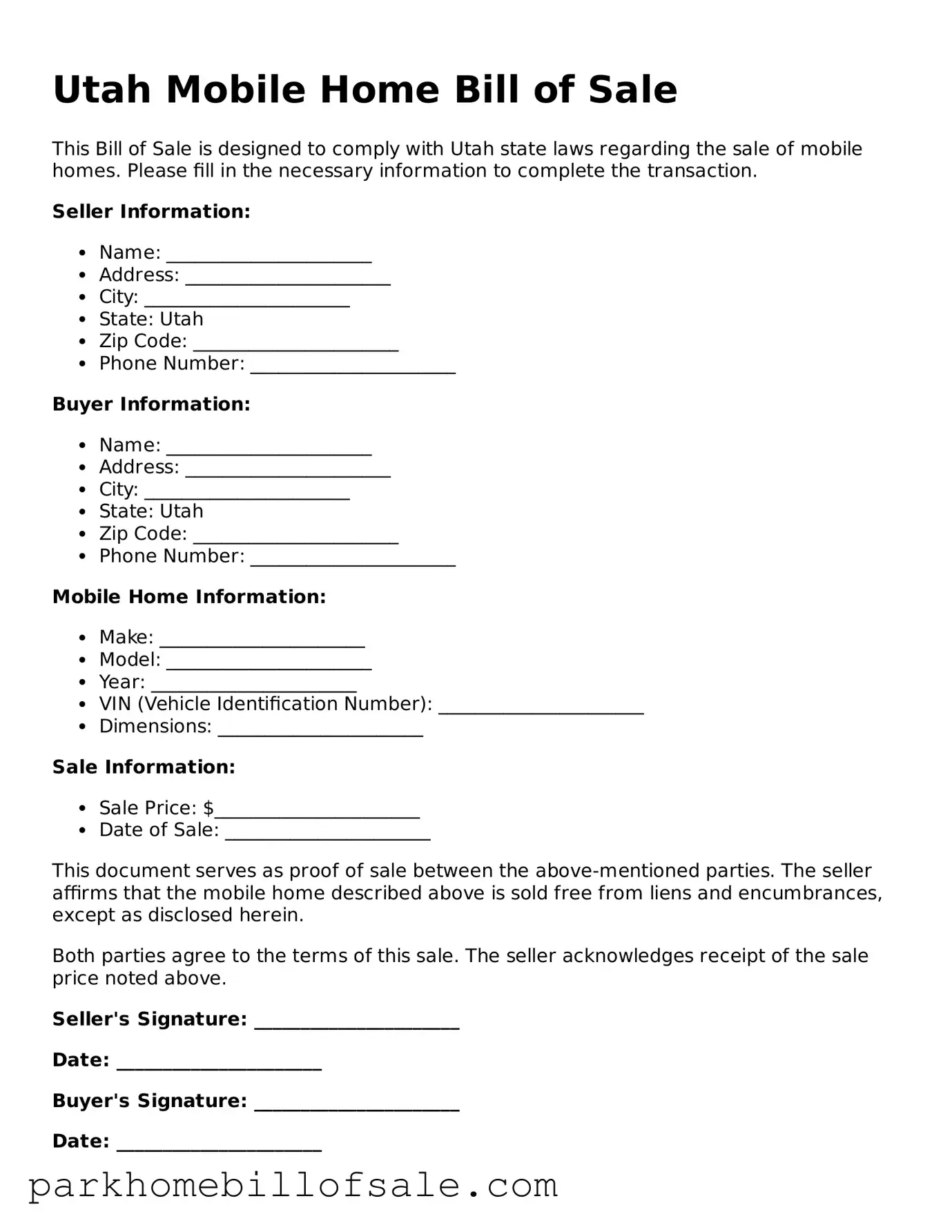 Attorney-Approved Utah Mobile Home Bill of Sale Document