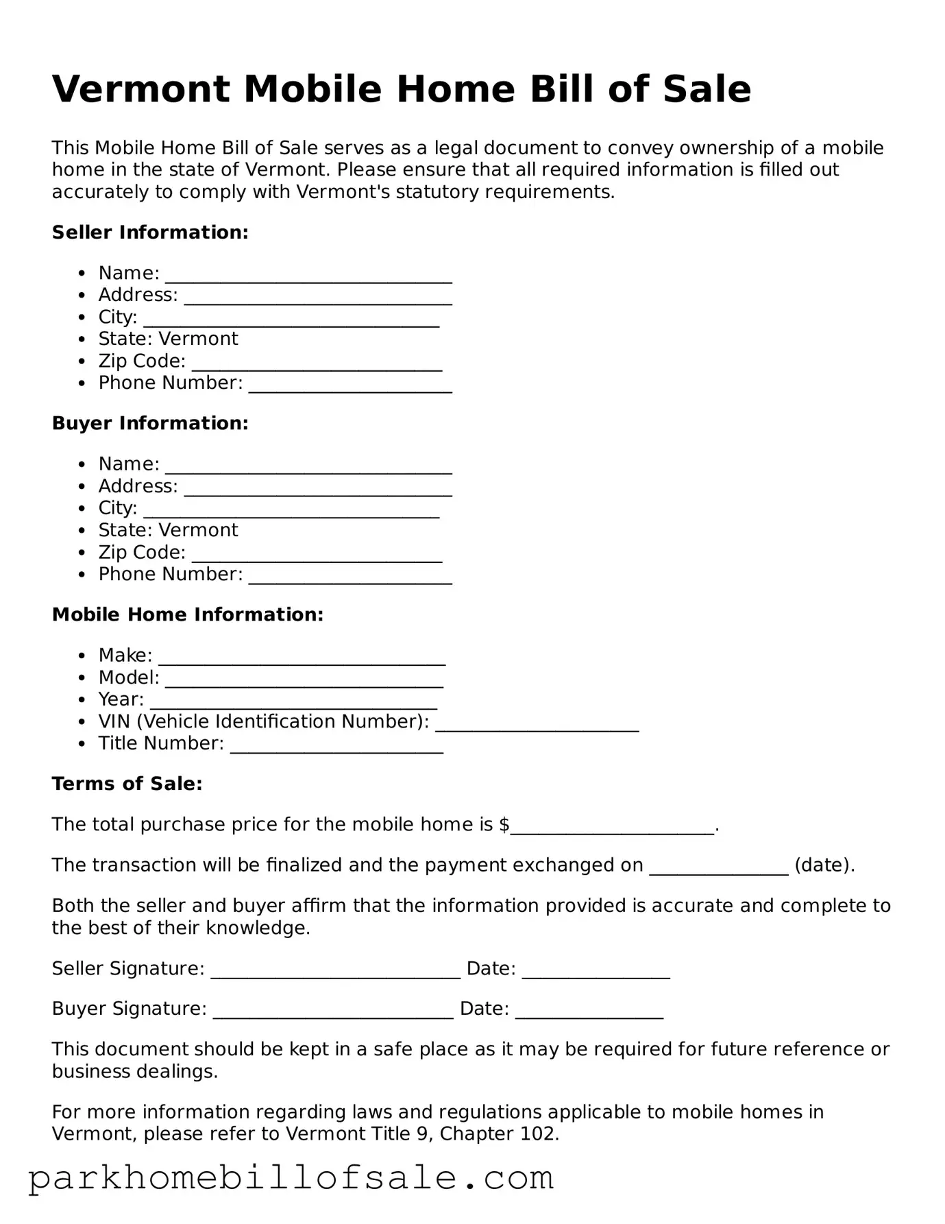 Attorney-Approved Vermont Mobile Home Bill of Sale Document