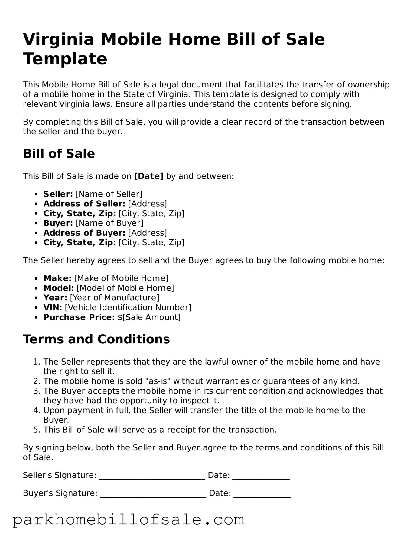 Attorney-Approved Virginia Mobile Home Bill of Sale Document