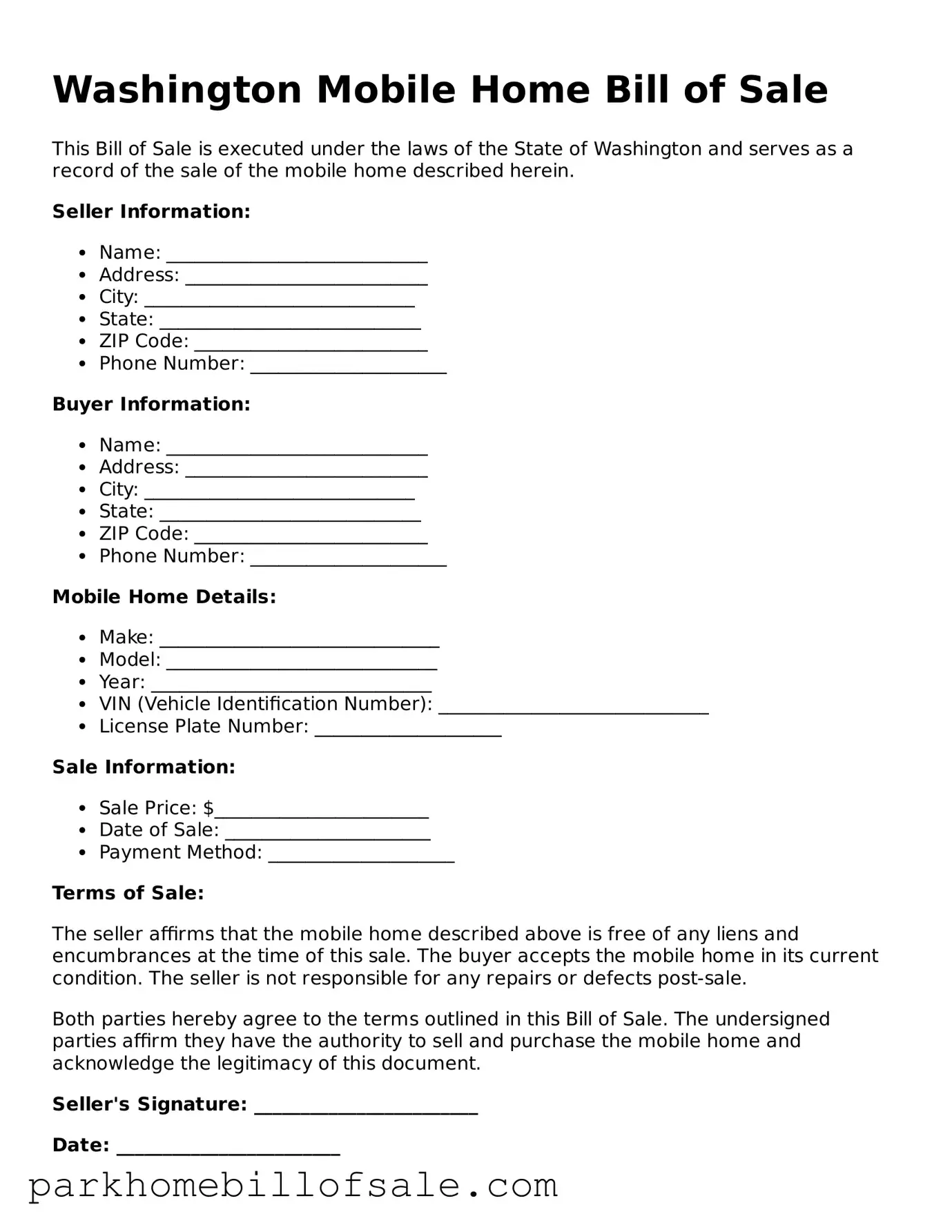 Attorney-Approved Washington Mobile Home Bill of Sale Document