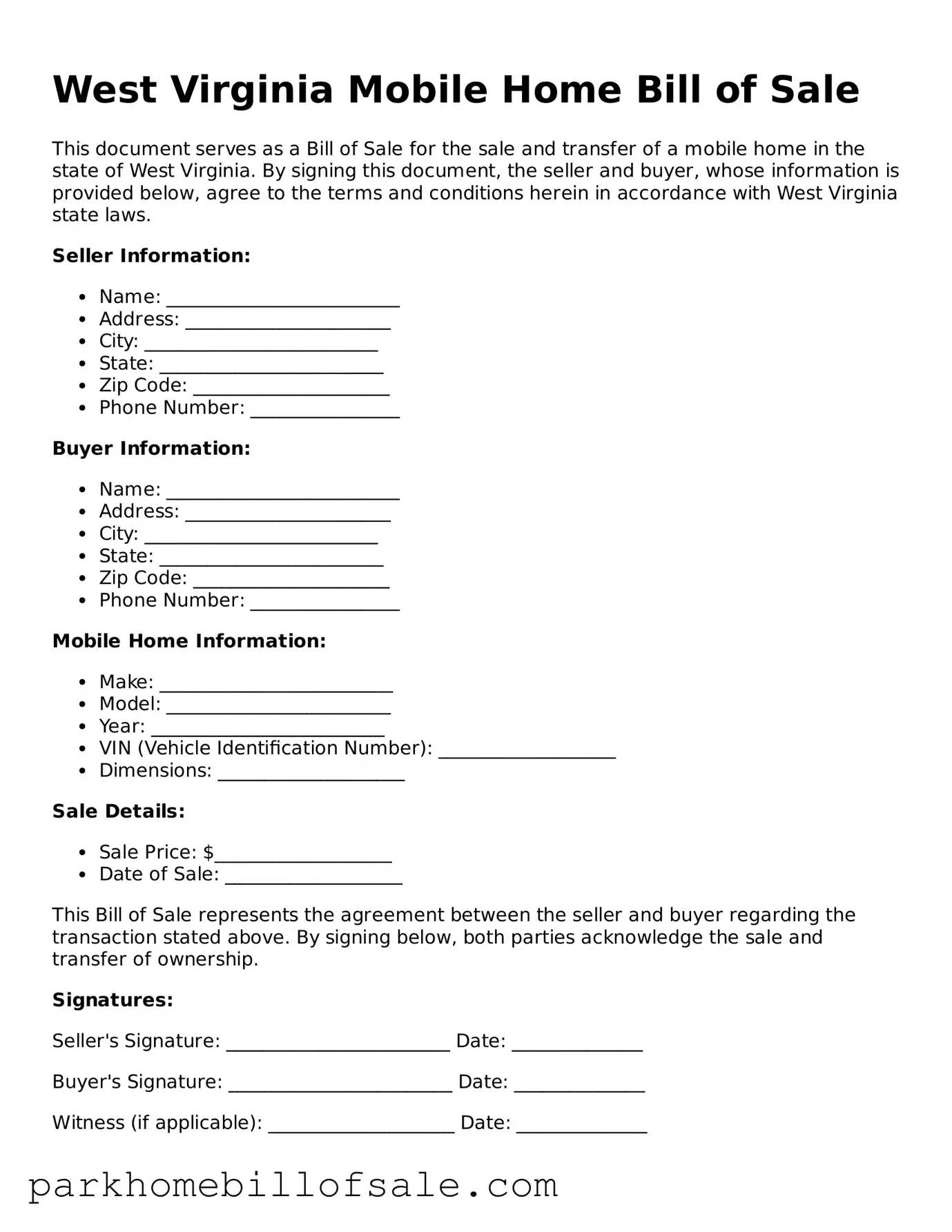 Attorney-Approved West Virginia Mobile Home Bill of Sale Document