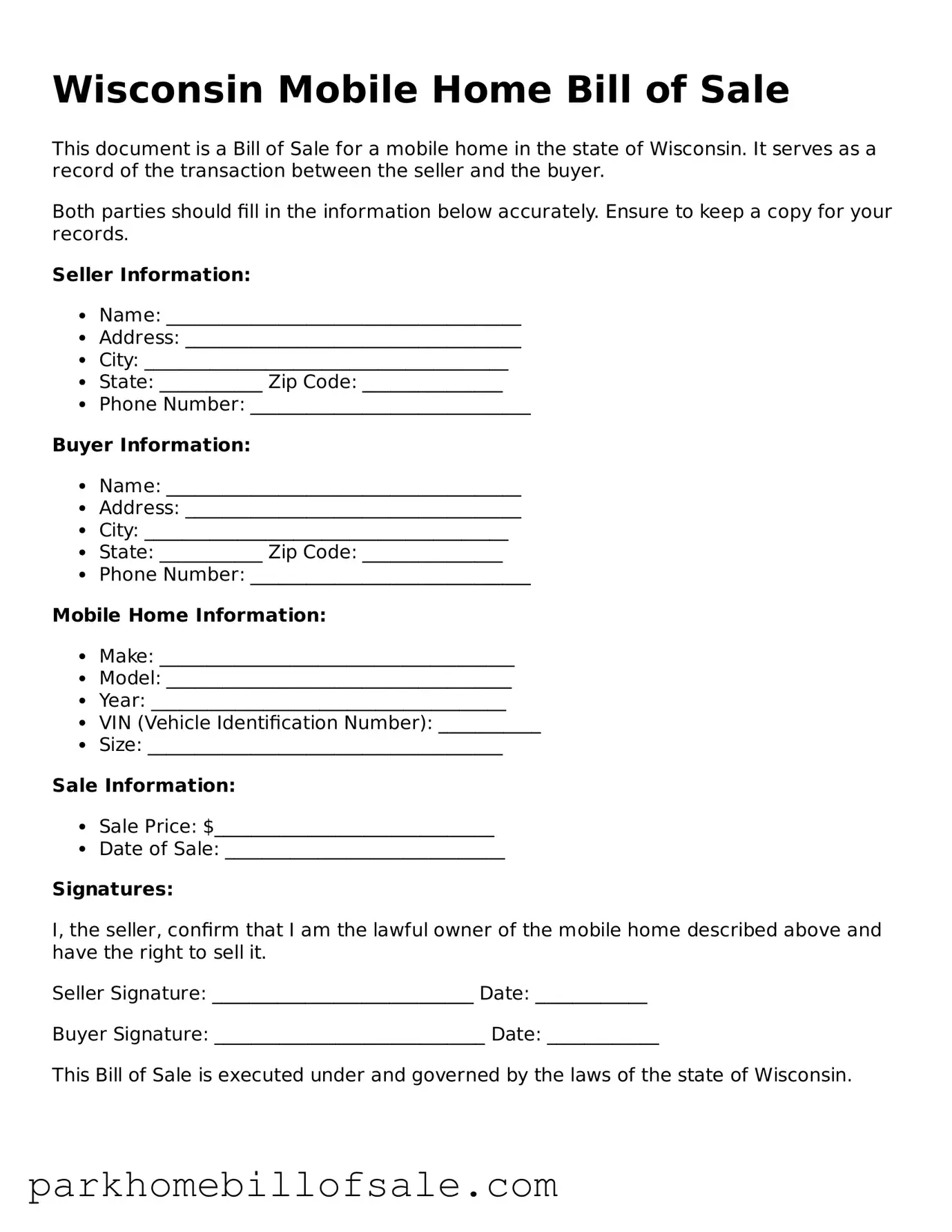 Attorney-Approved Wisconsin Mobile Home Bill of Sale Document