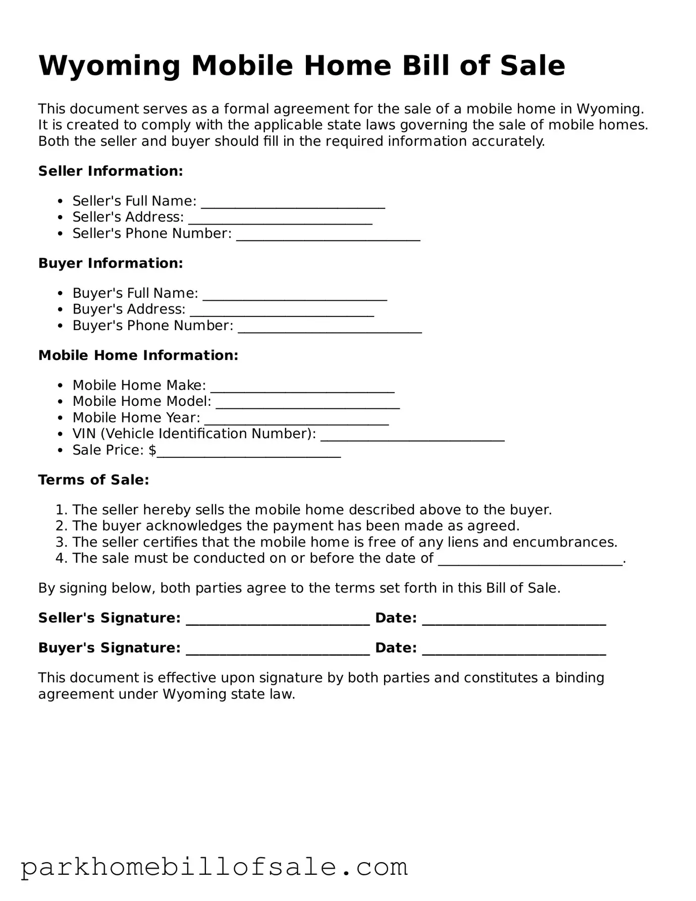 Attorney-Approved Wyoming Mobile Home Bill of Sale Document